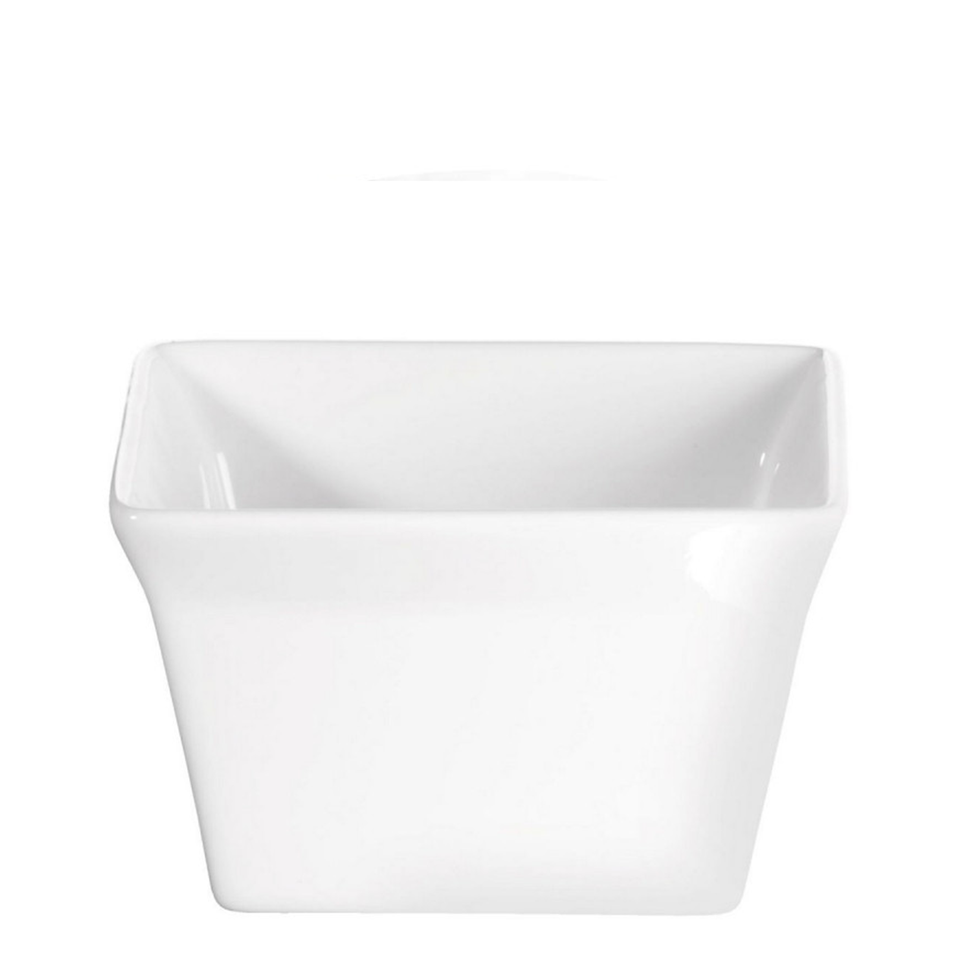 Heat resistant, white porcelain square dish for baking soufflés.