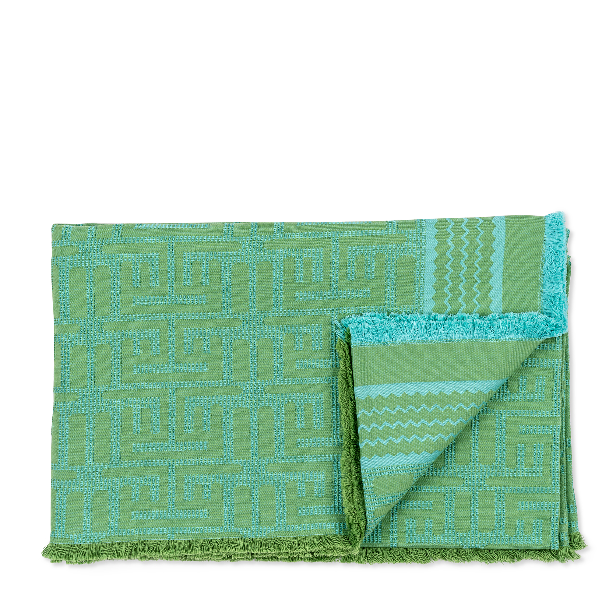 A green and turquoise beach mat with a geometric pattern, featuring 100% cotton fabric. This beach mat is lightweight and portable, ideal for beach outings and picnics.