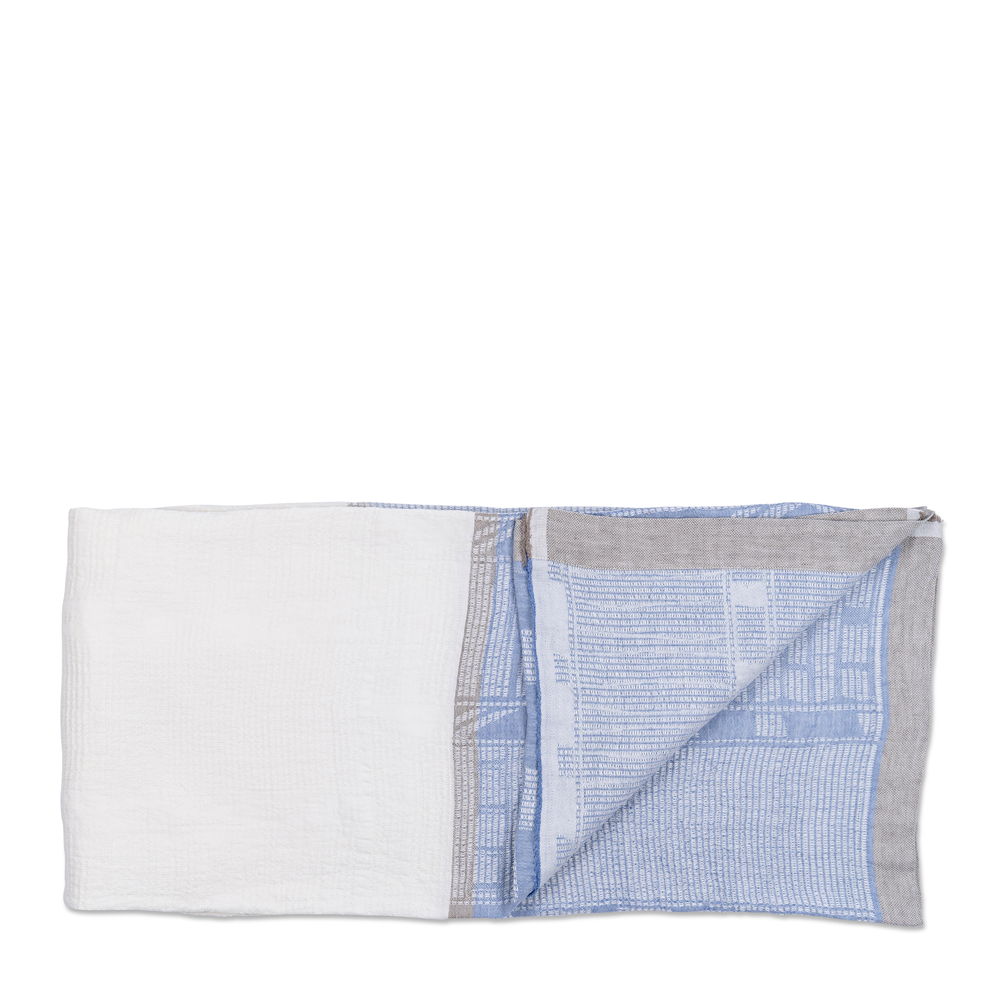 This linen throw features a combination of white and sky blue sections, accented with gray borders. The blue section displays intricate patterns, this throw adds a touch of simple elegance and texture to your home.