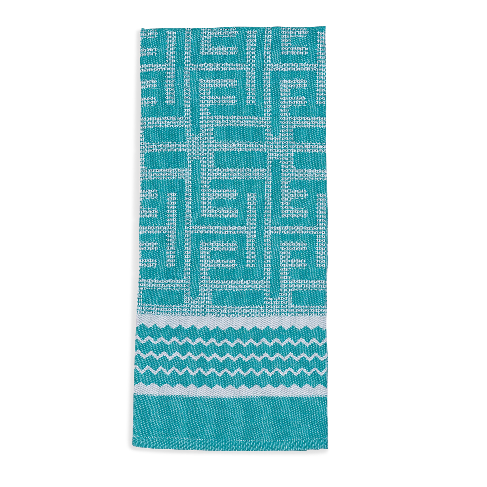 A hand towel in turquoise and white with a geometric pattern, made from 100% cotton fabric, perfect for everyday use at home or on the go.