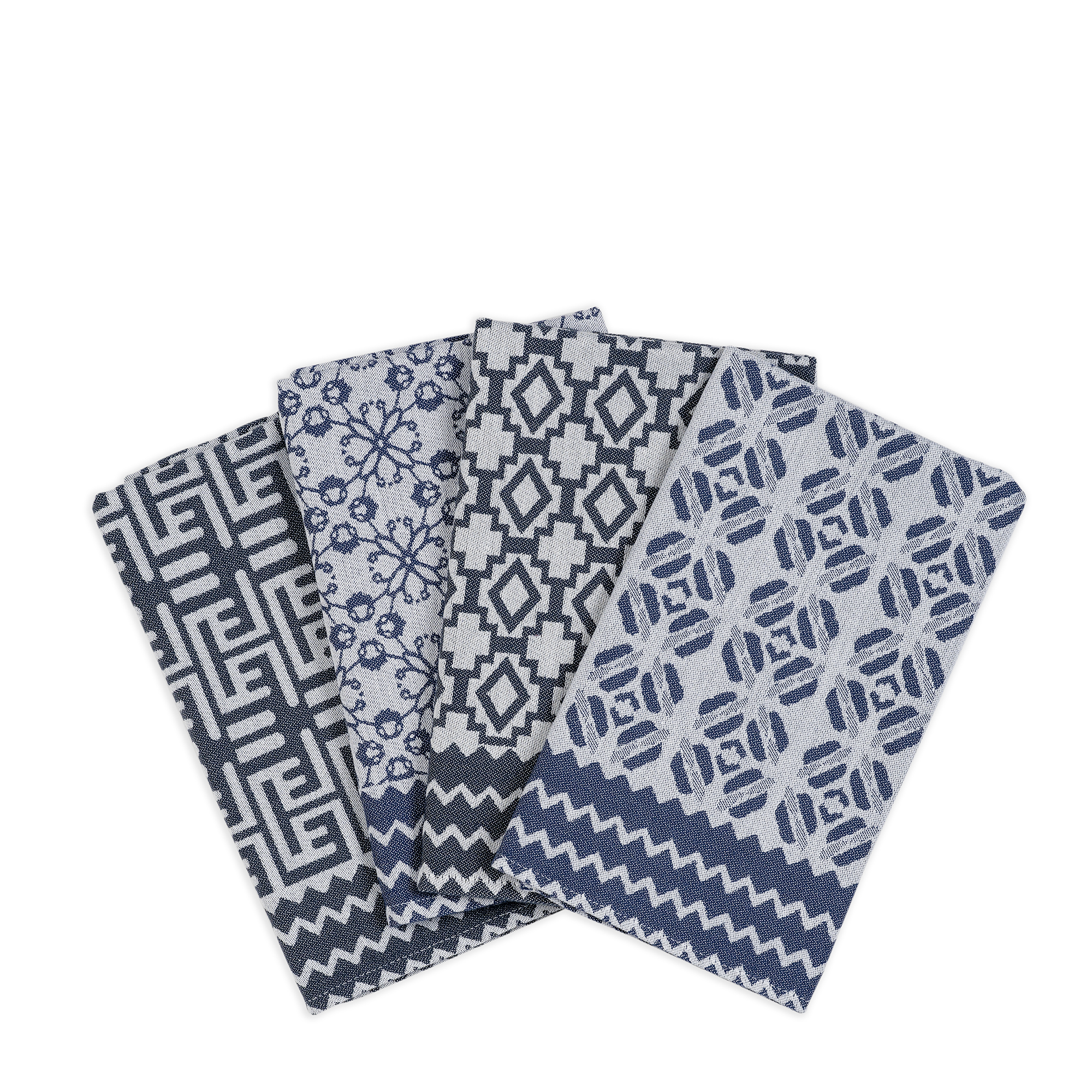 A set of four napkins in lighter and darker blue with a stunning array of African-inspired patterns, woven from 100% African cotton.
