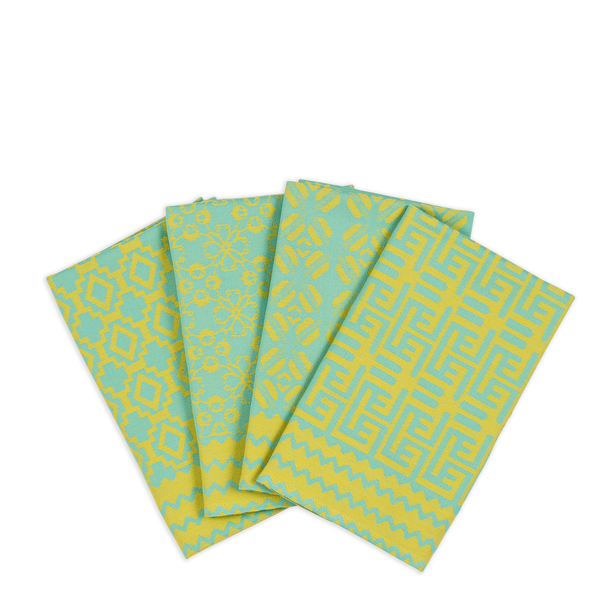 A set of four napkins in yellow and light green with a stunning array of African-inspired patterns, woven from 100% African cotton.