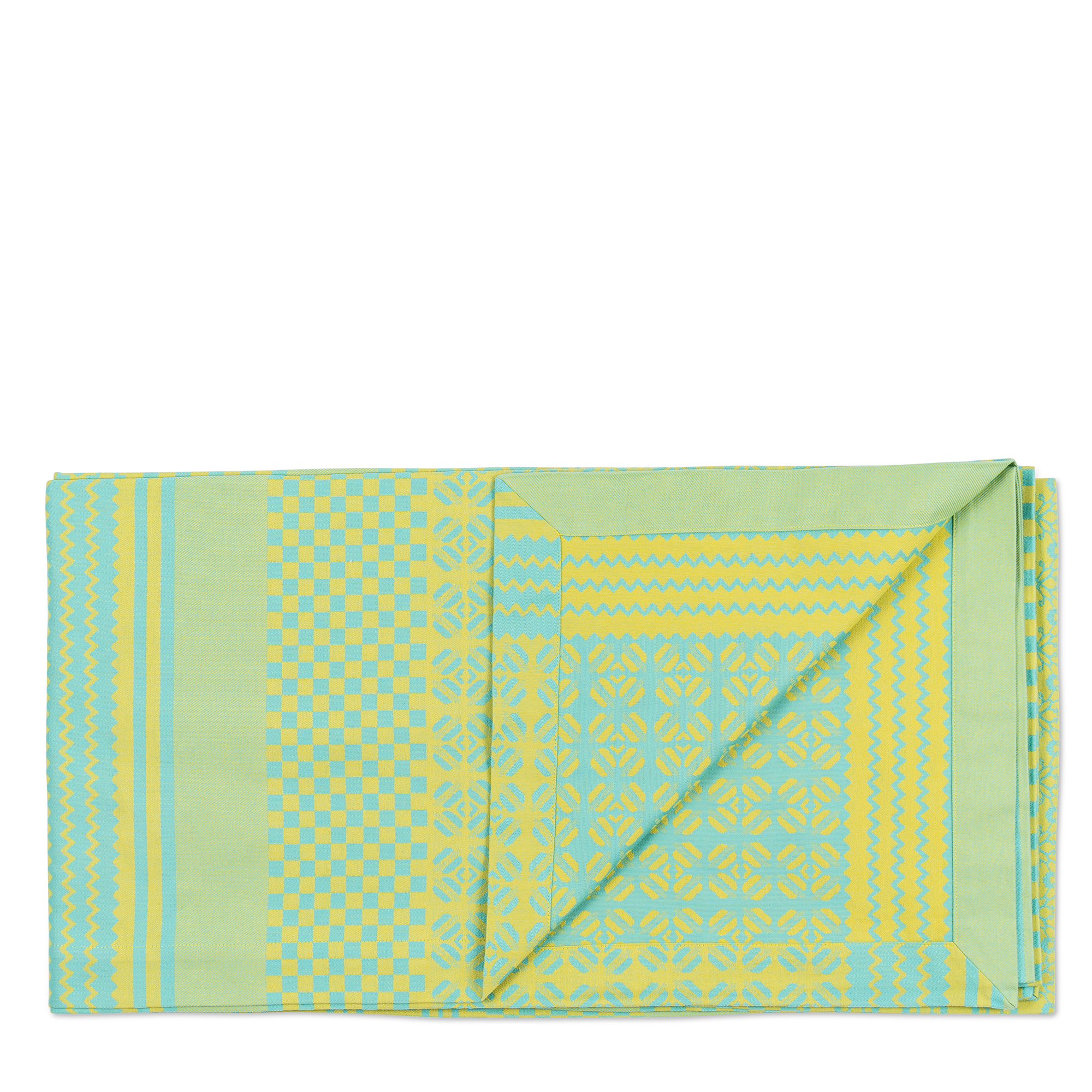 A unique tablecloth in yellow, green, and blue is inspired by Africa's culture, jacquard woven from 100% African cotton, and featuring a variety of African symbols and designs. Perfect for sparking conversation at your dinner table, complemented by the Penta Napkins for a coordinated setting.