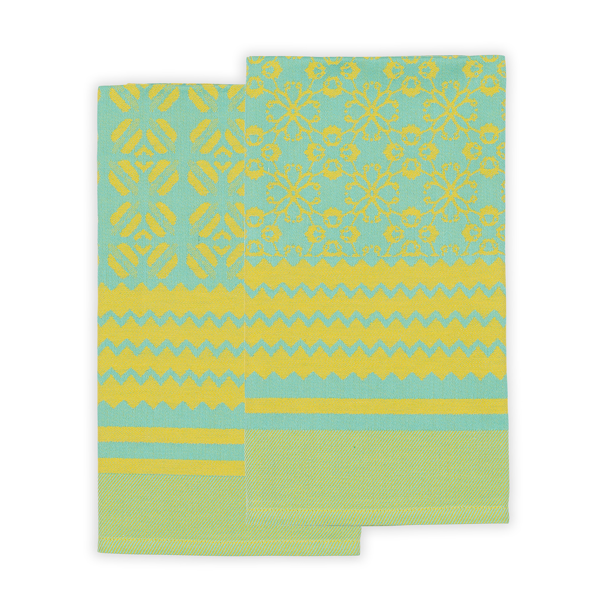 Unique tea towels inspired by Africa's rich culture, jacquard woven from 100% African cotton. Featuring diverse African patterns including floral designs in yellow and turquoise, these dish towels add vibrancy to your kitchen and intrigue guests.