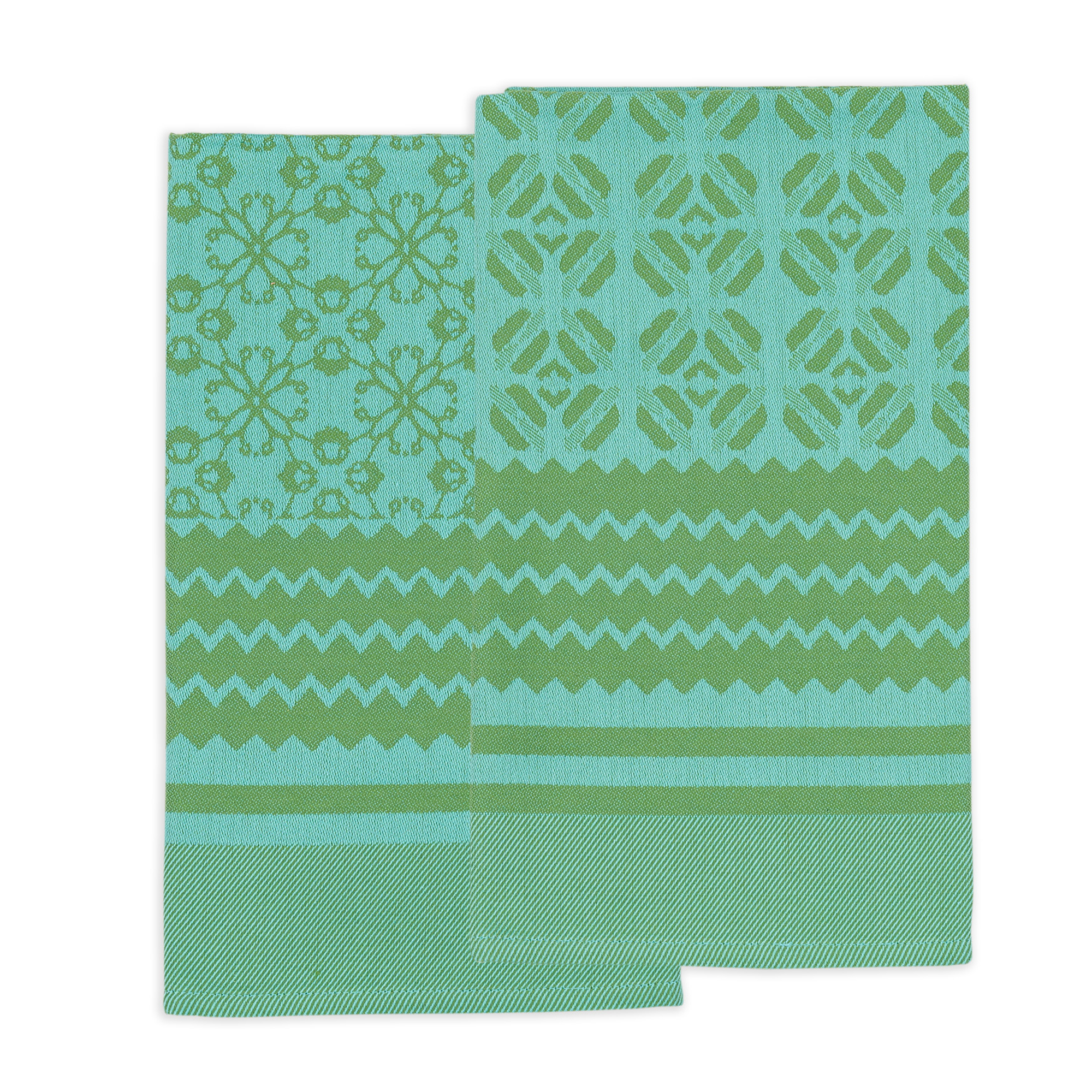 Unique tea towels inspired by Africa's rich culture, jacquard woven from 100% African cotton. Featuring diverse African patterns including floral designs in light and dark green, these dish towels add vibrancy to your kitchen and intrigue guests.