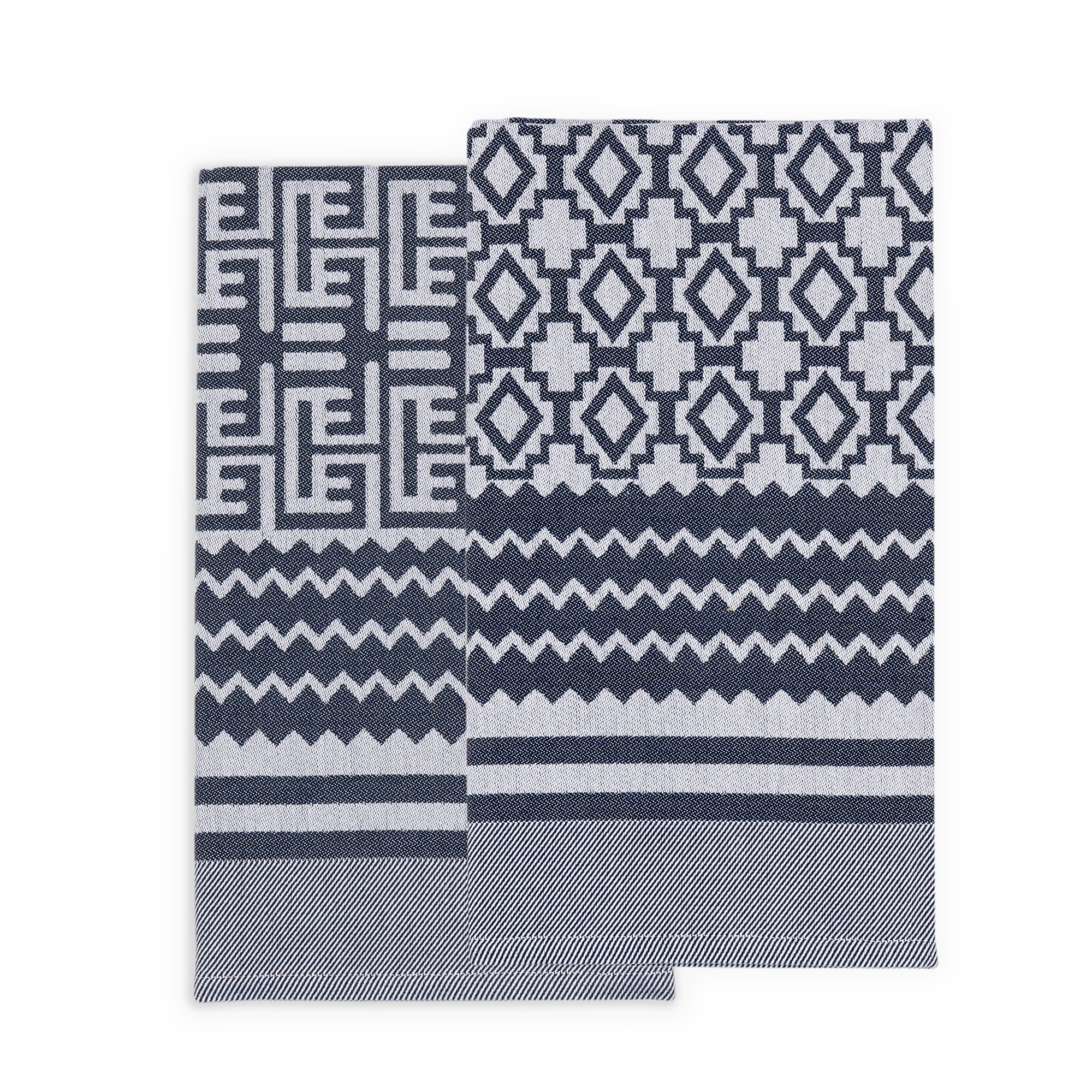 Unique tea towels inspired by Africa's rich culture, jacquard woven from 100% African cotton. Featuring diverse African patterns including geometric designs in light and dark blue, these dish towels add vibrancy to your kitchen and intrigue guests.
