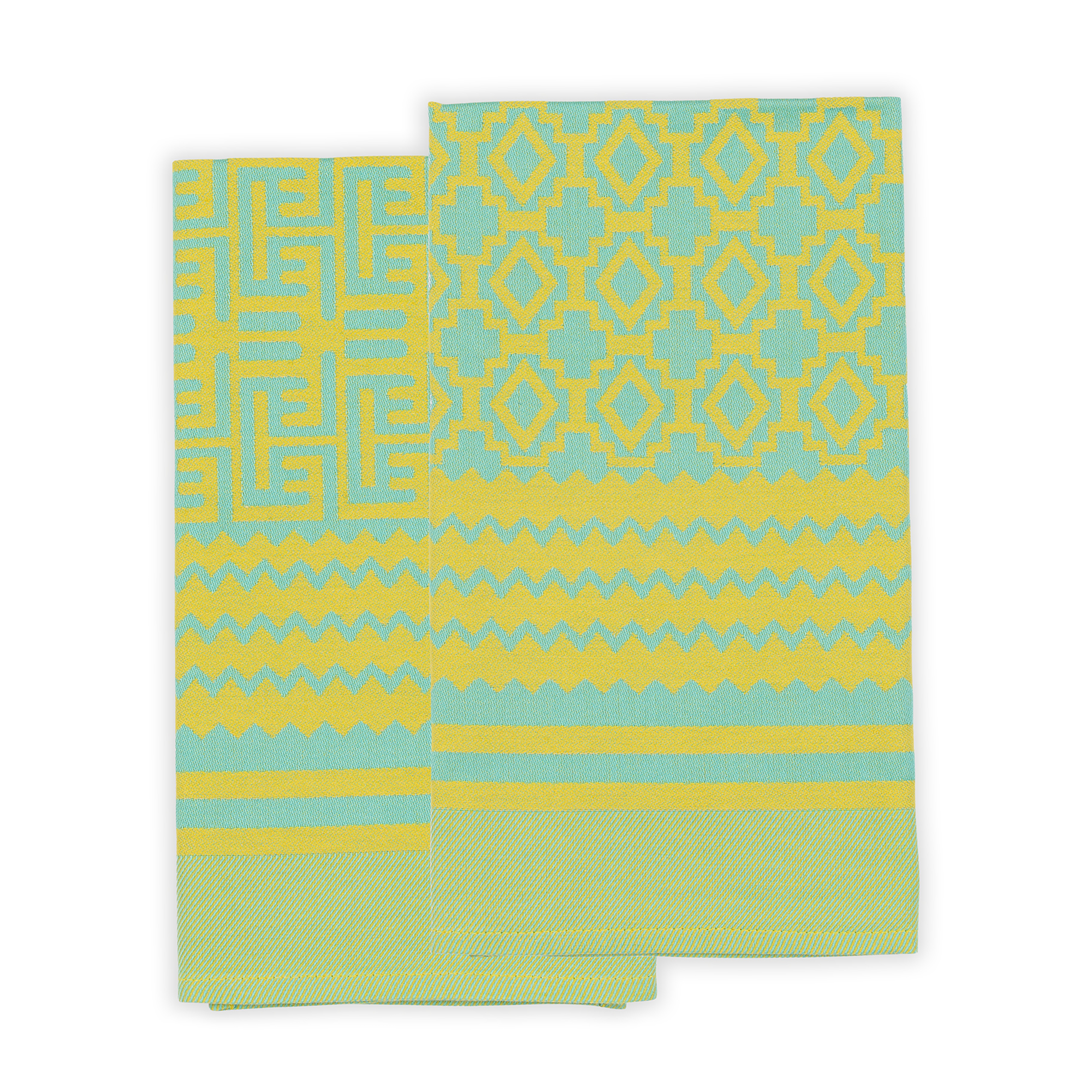 Unique tea towels inspired by Africa's rich culture, jacquard woven from 100% African cotton. Featuring diverse African patterns including geometric designs in yellow and blue, these dish towels add vibrancy to your kitchen and intrigue guests.