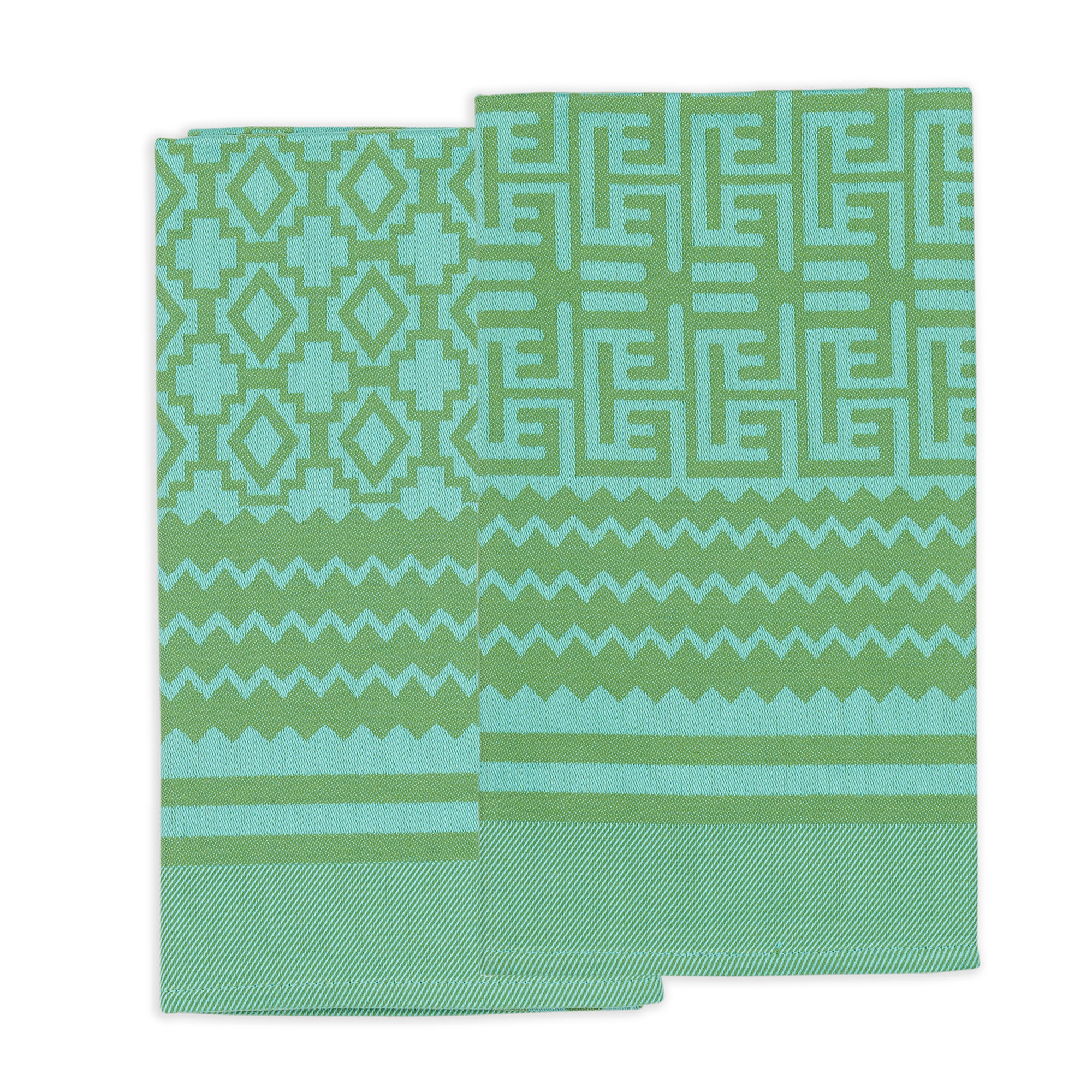 Unique tea towels inspired by Africa's rich culture, jacquard woven from 100% African cotton. Featuring diverse African patterns including geometric designs in light and dark green, these dish towels add vibrancy to your kitchen and intrigue guests.