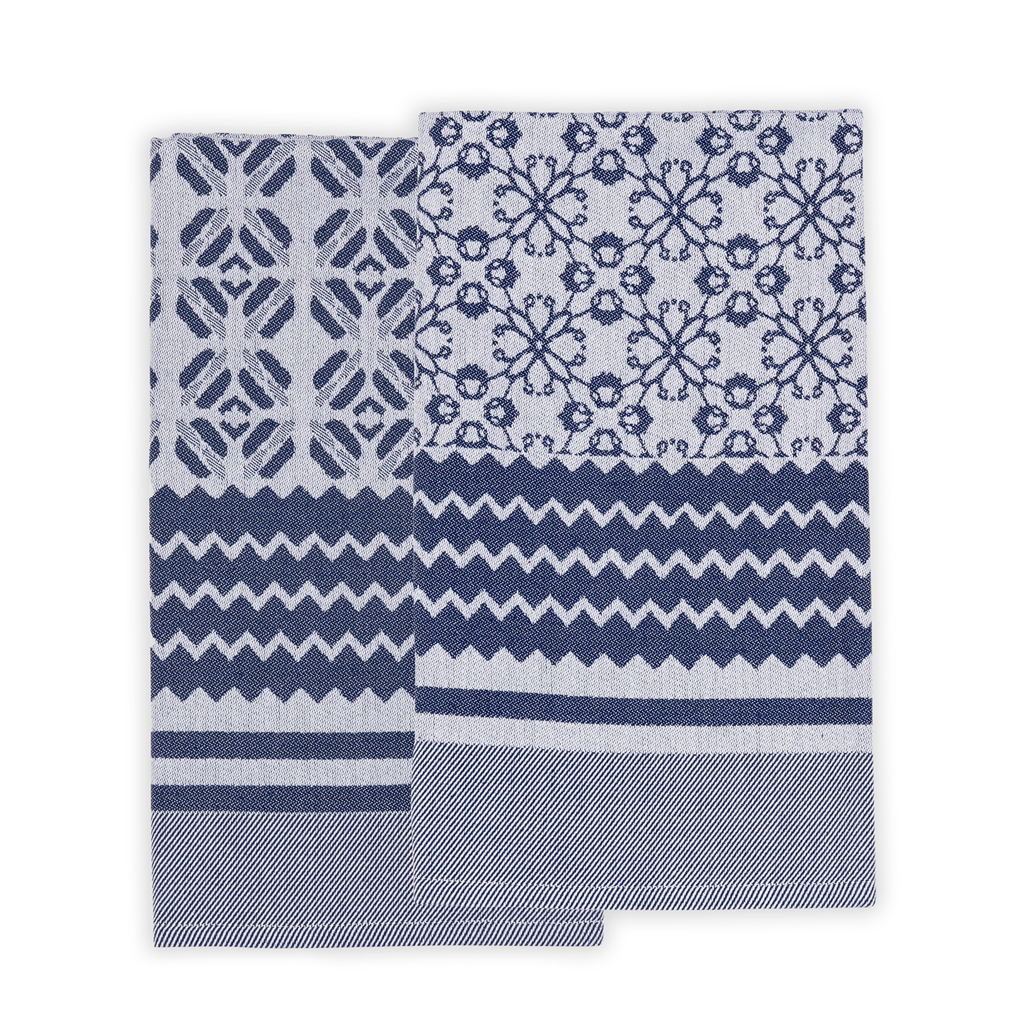 Unique tea towels inspired by Africa's rich culture, jacquard woven from 100% African cotton. Featuring diverse African patterns including floral designs in light and dark blue, these dish towels add vibrancy to your kitchen and intrigue guests.