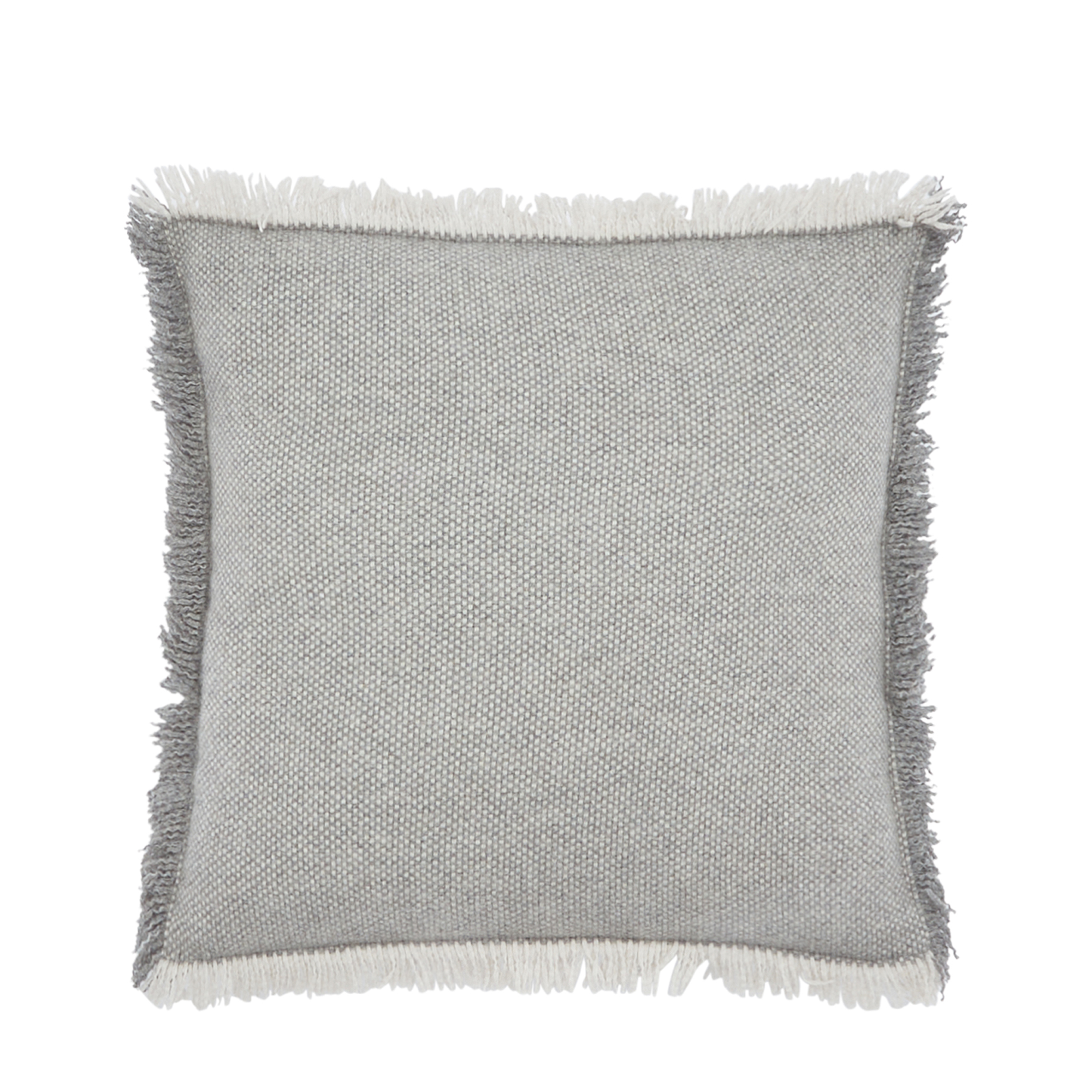 Grey cashmere cushion with a knitted effect and hand-fringed hem, offering a luxurious and textured accent for any space.