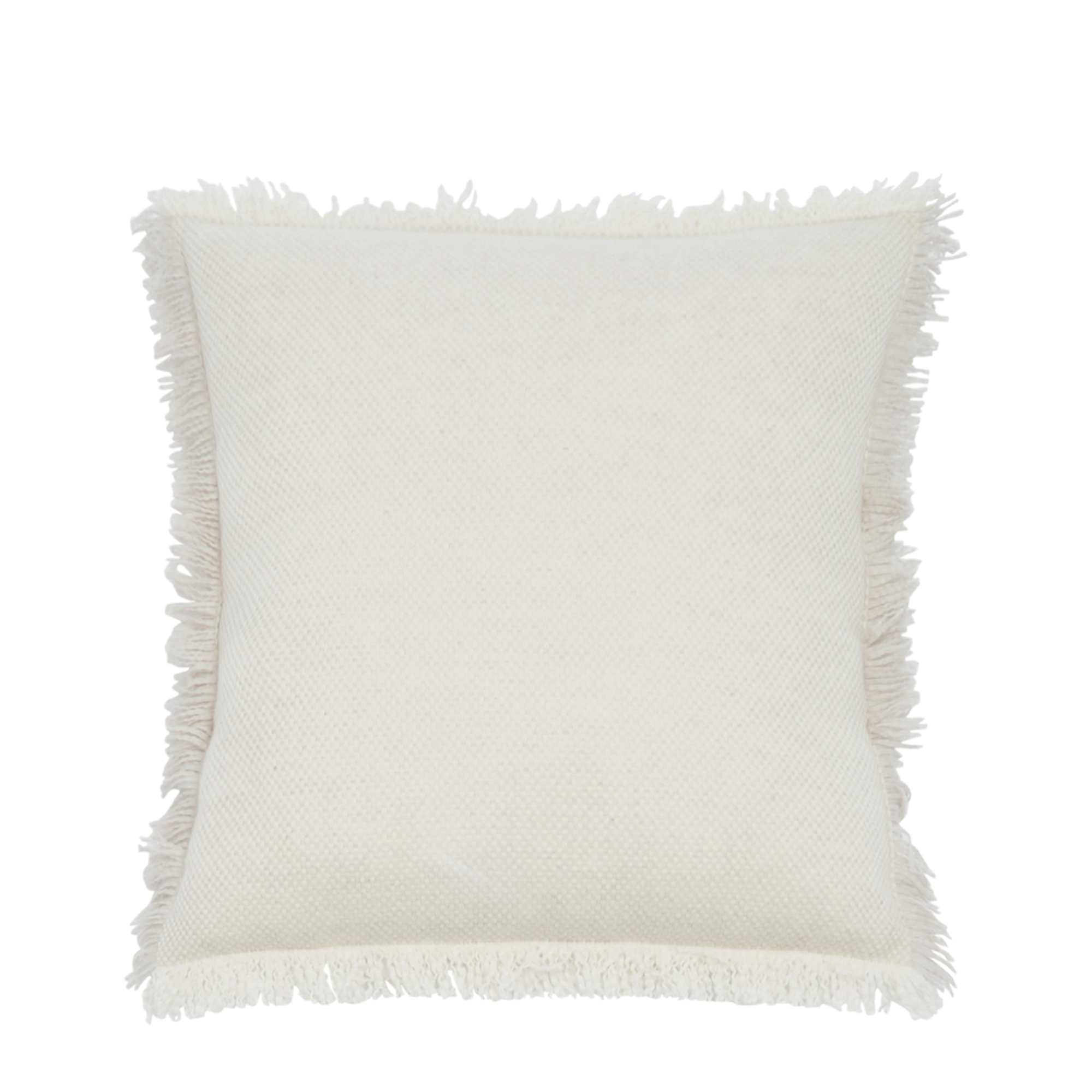 Ivory cashmere cushion with a knitted effect and hand-fringed hem, offering a luxurious and textured accent for any space.