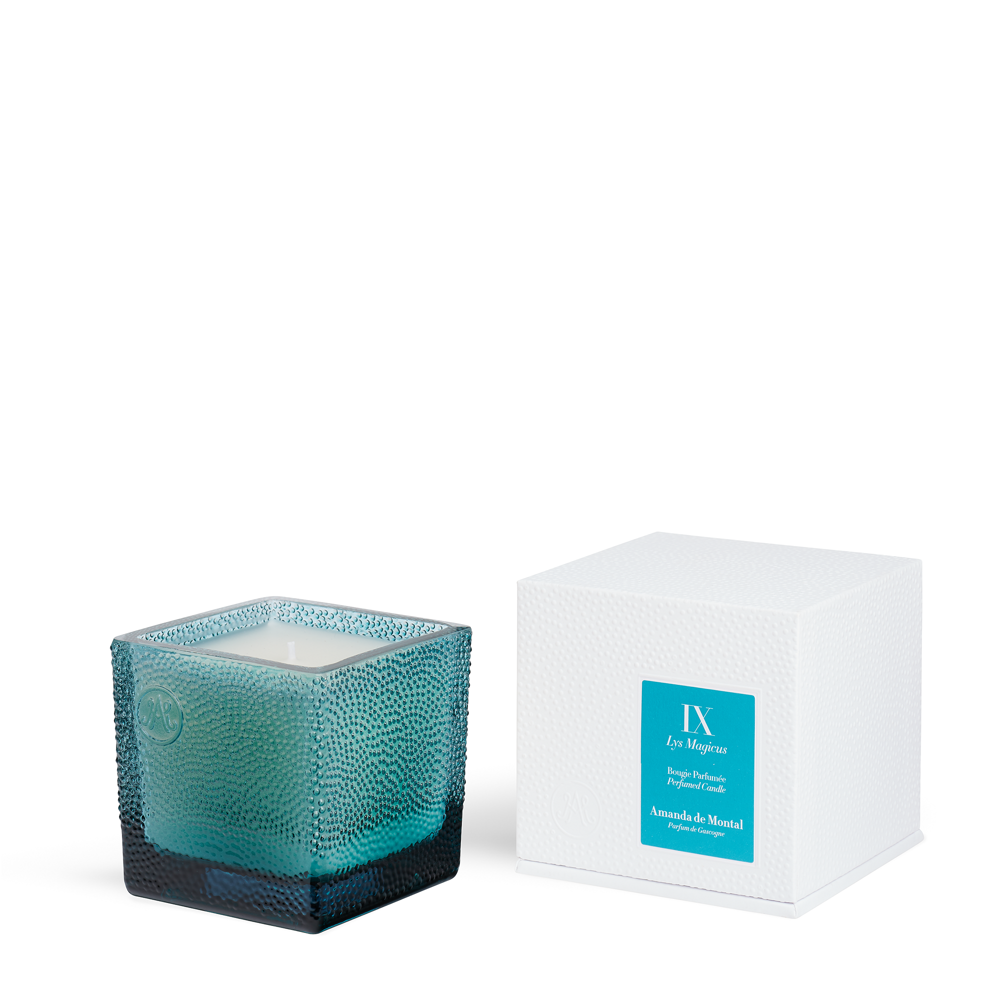 The essence of Lily of the Valley with a touch of honey and freshly cut grass. The artisanal blue glass candle vessel contains thousands of bubbles, revealing a twinkling flame.