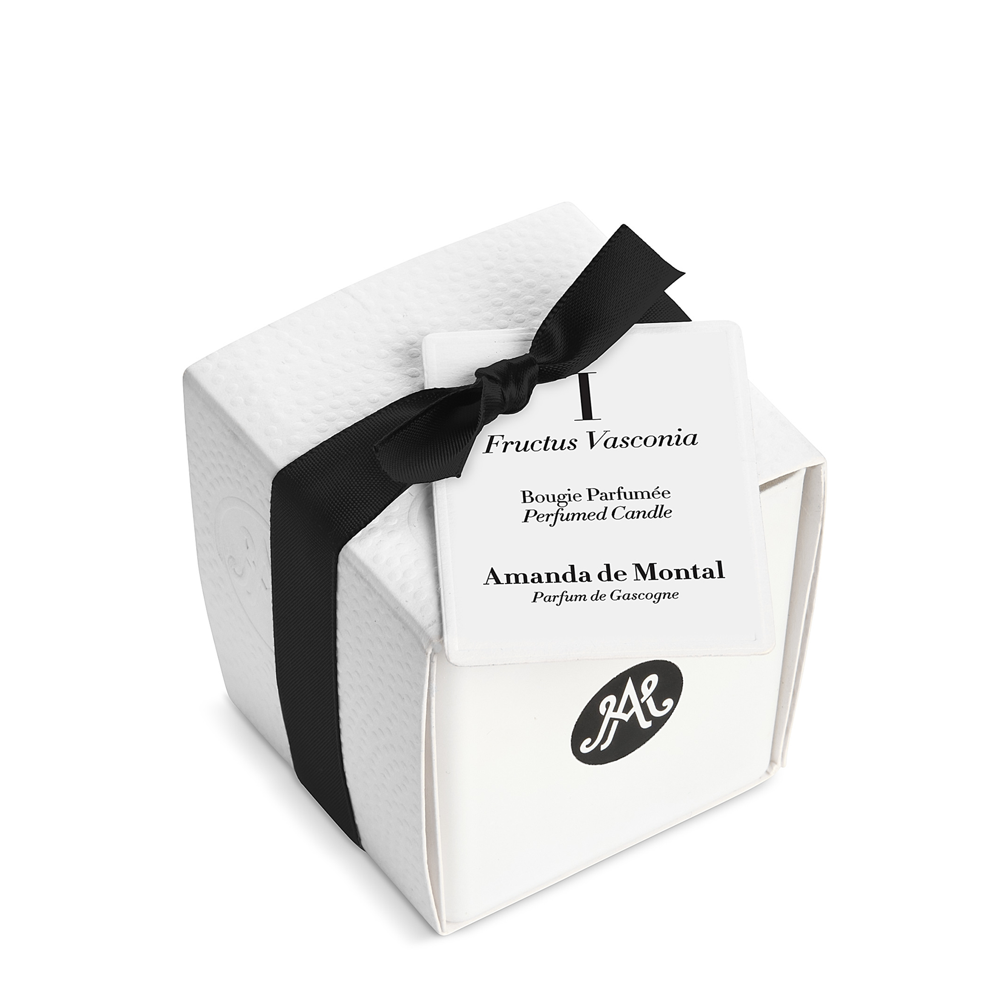 Small white candle with a black logo, featuring sweet fig mingled with warm grass and nourishing plums.