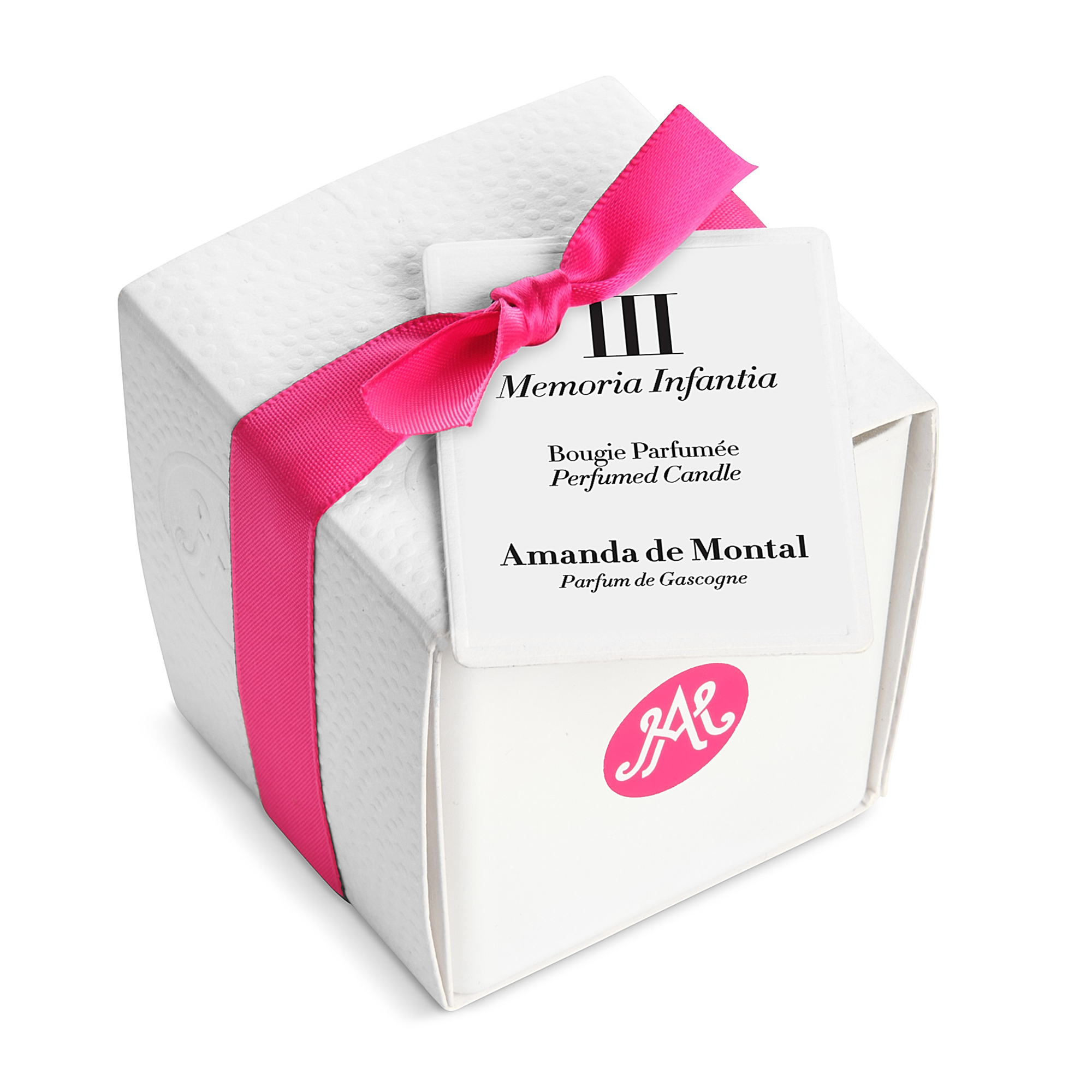 Small white candle with a pink logo, featuring a scent of hot milk, homemade croissants, caramel, and vanilla.