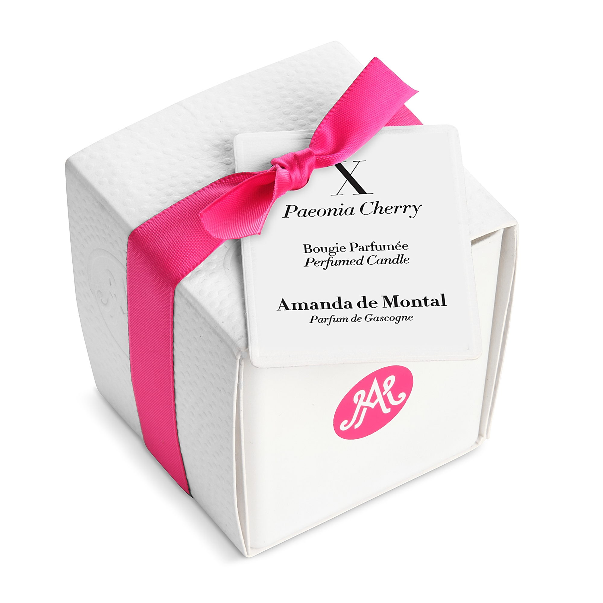 Small white candle with a pink logo, featuring the scent of peonies with hints of freesia and cherry branches.