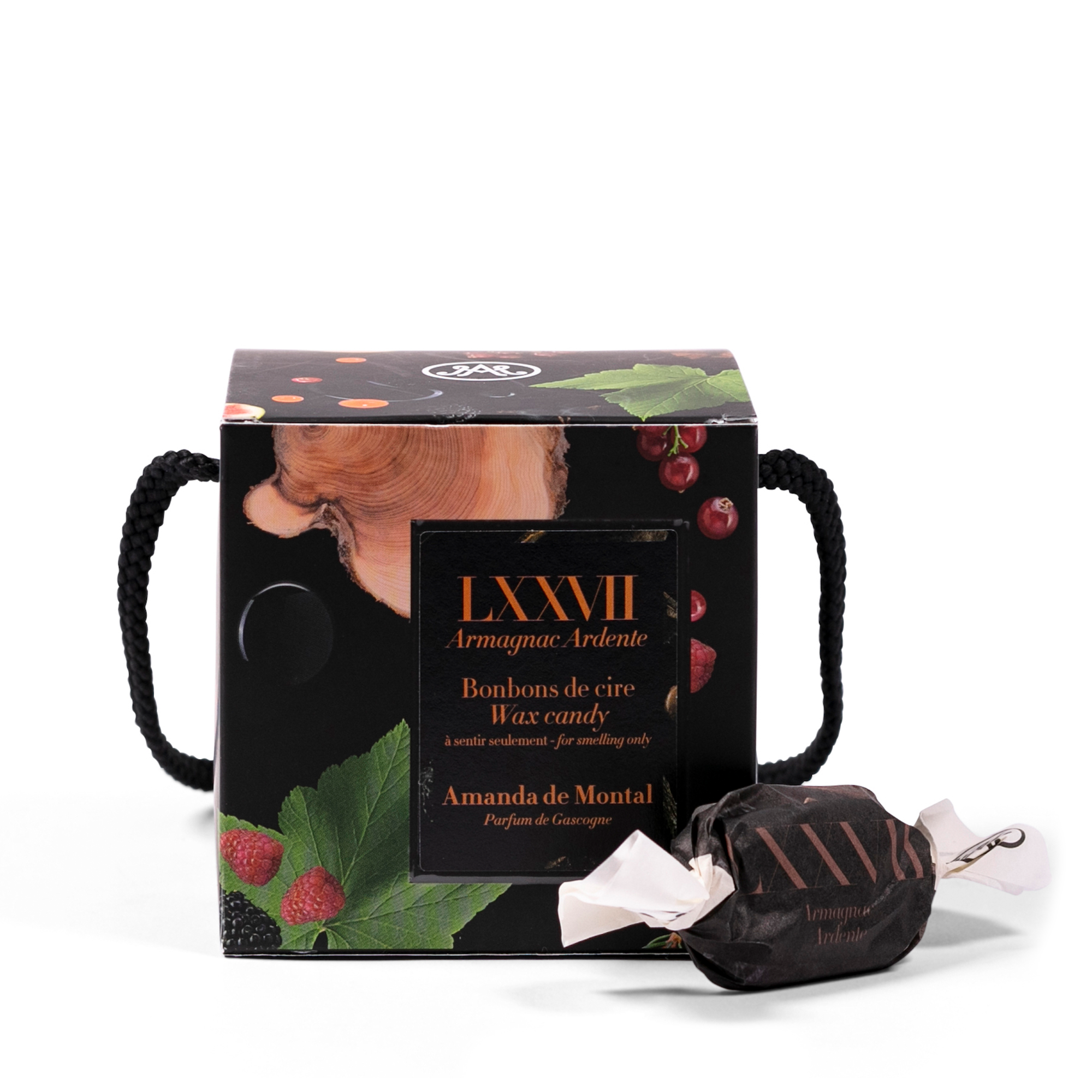 Wrapped in a black box, each scented wax candy features a precise blend of natural, plant-based waxes that capture the fragrance of prunes, apricots, oak, and a dash of Armagnac.