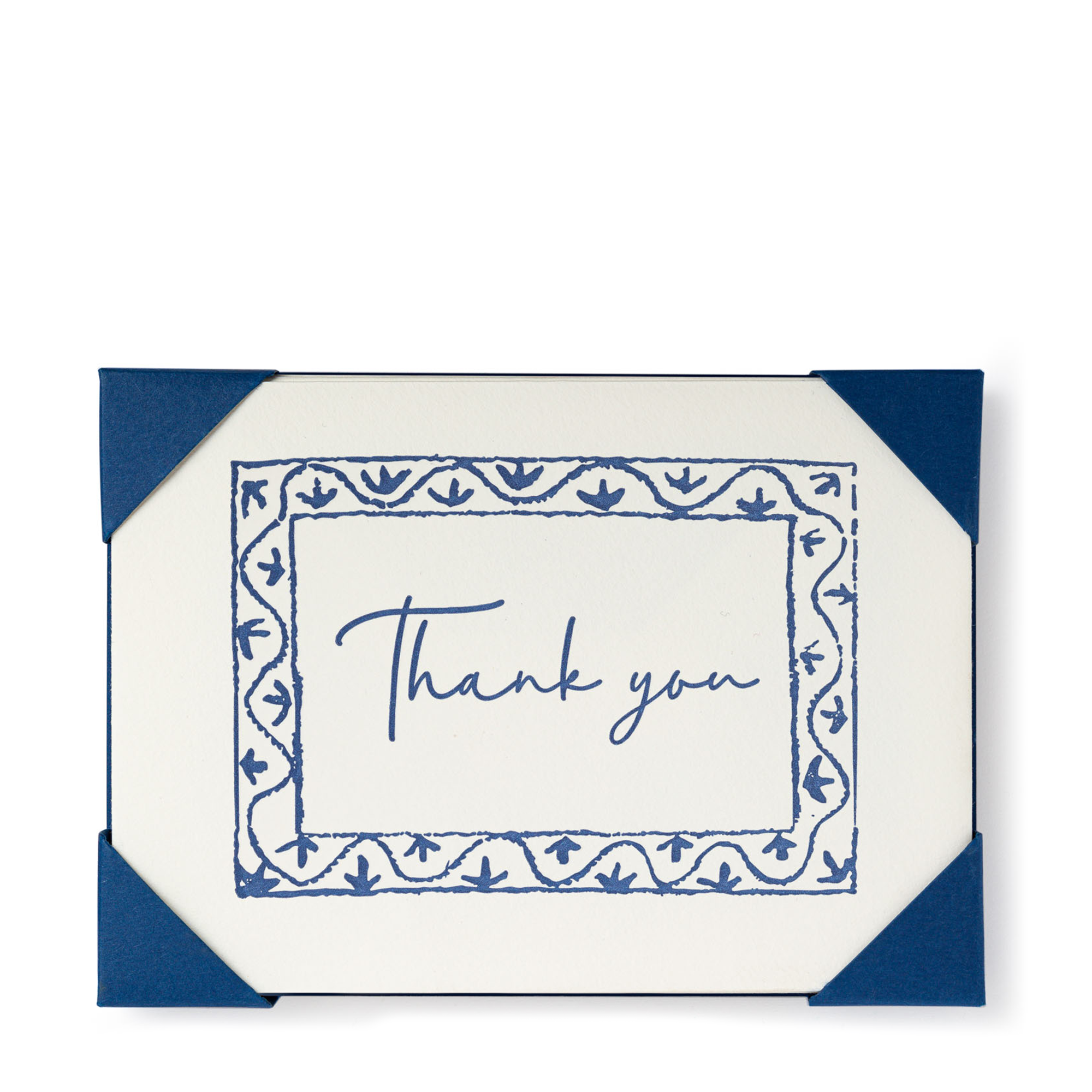 These thank-you cards blend classic charm with artisanal detail, featuring a delicately hand-drawn blue border of intricate floral and leaf motifs that frame the words "Thank you" in an elegant, flowing script. 