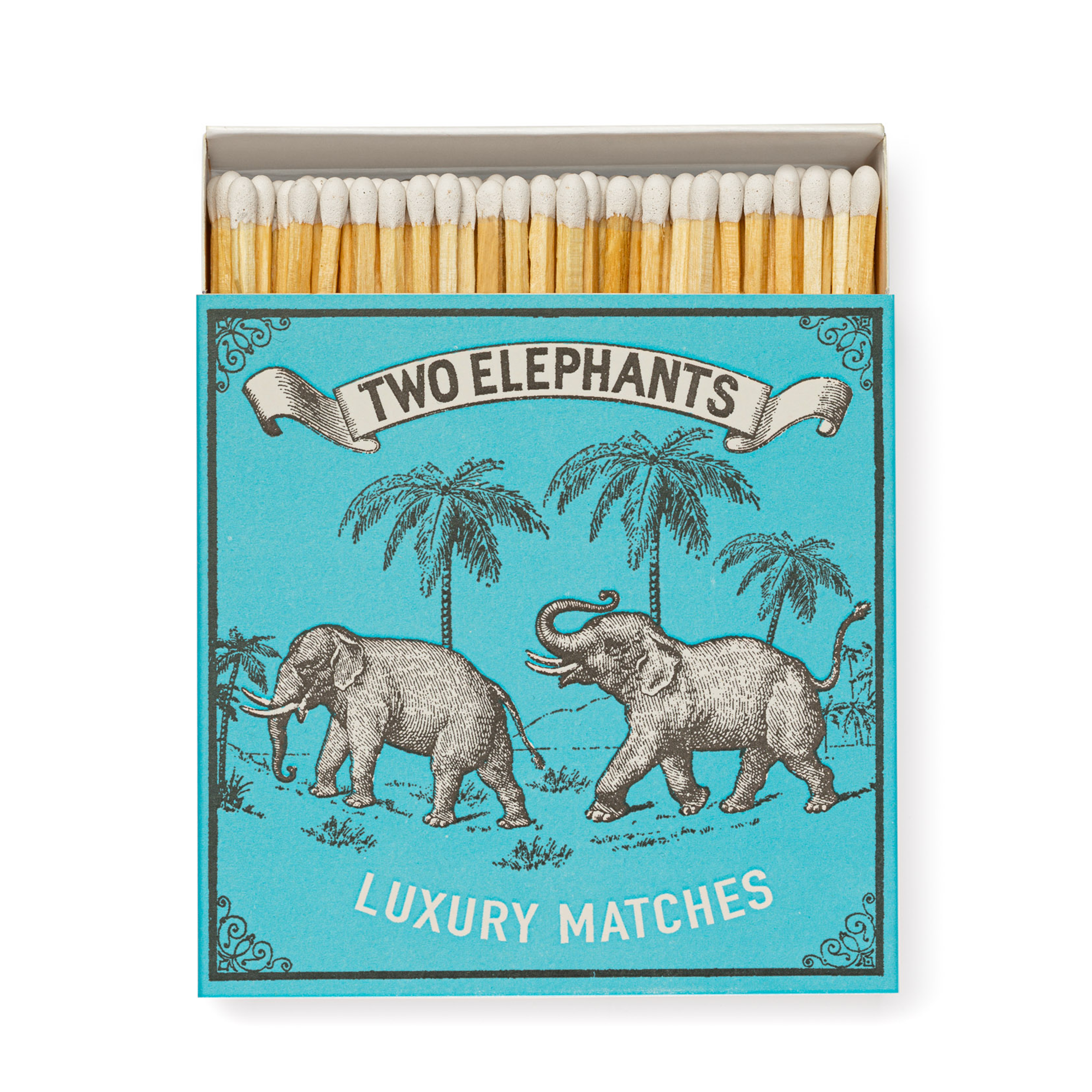 Matchbox featuring an illustration of two grey elephants on a blue background with palms in the background.