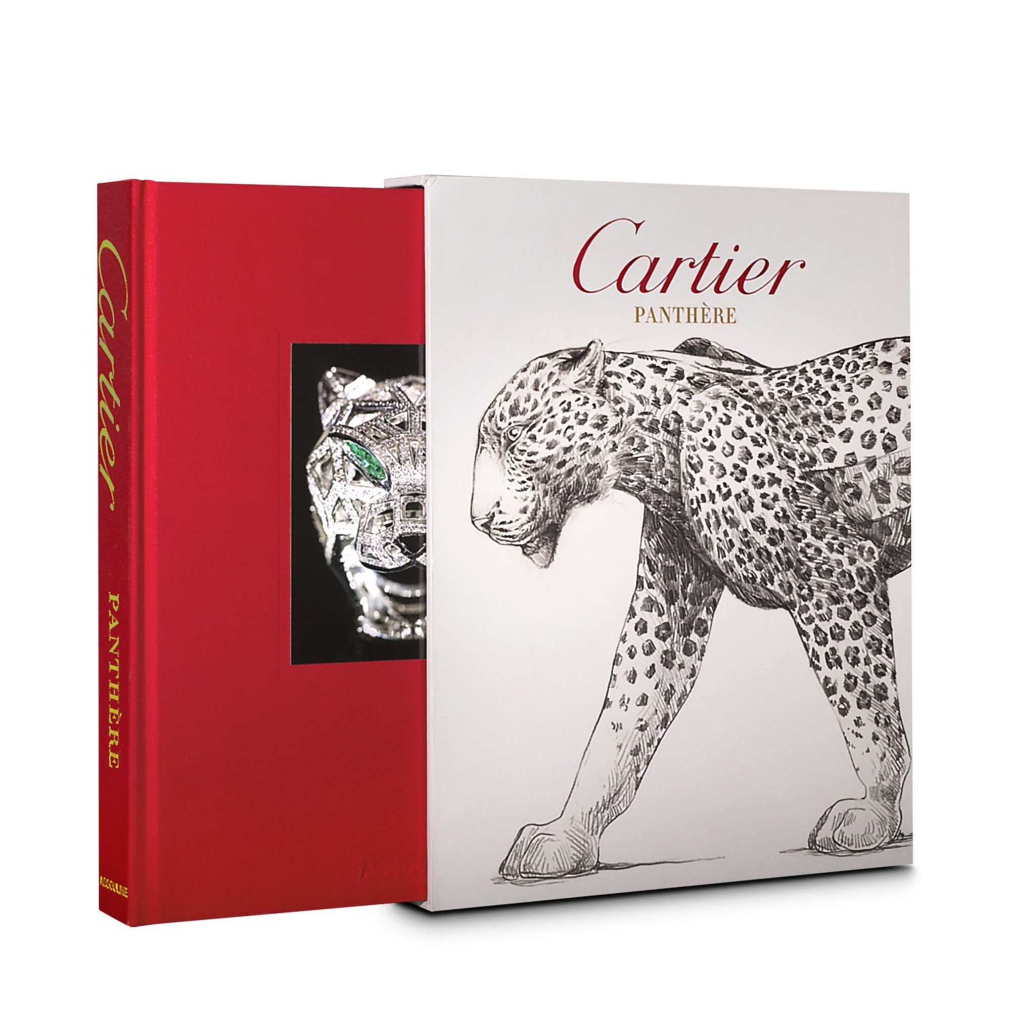 A red book cover and a white box, both featuring a panther illustration as a leading symbol in Cartier's iconography, representing power, seduction, and triumph. It is deeply connected to 20th-century women of style and modern femininity, becoming Cartier's most iconic motif,  evoking fantasies and dreams.