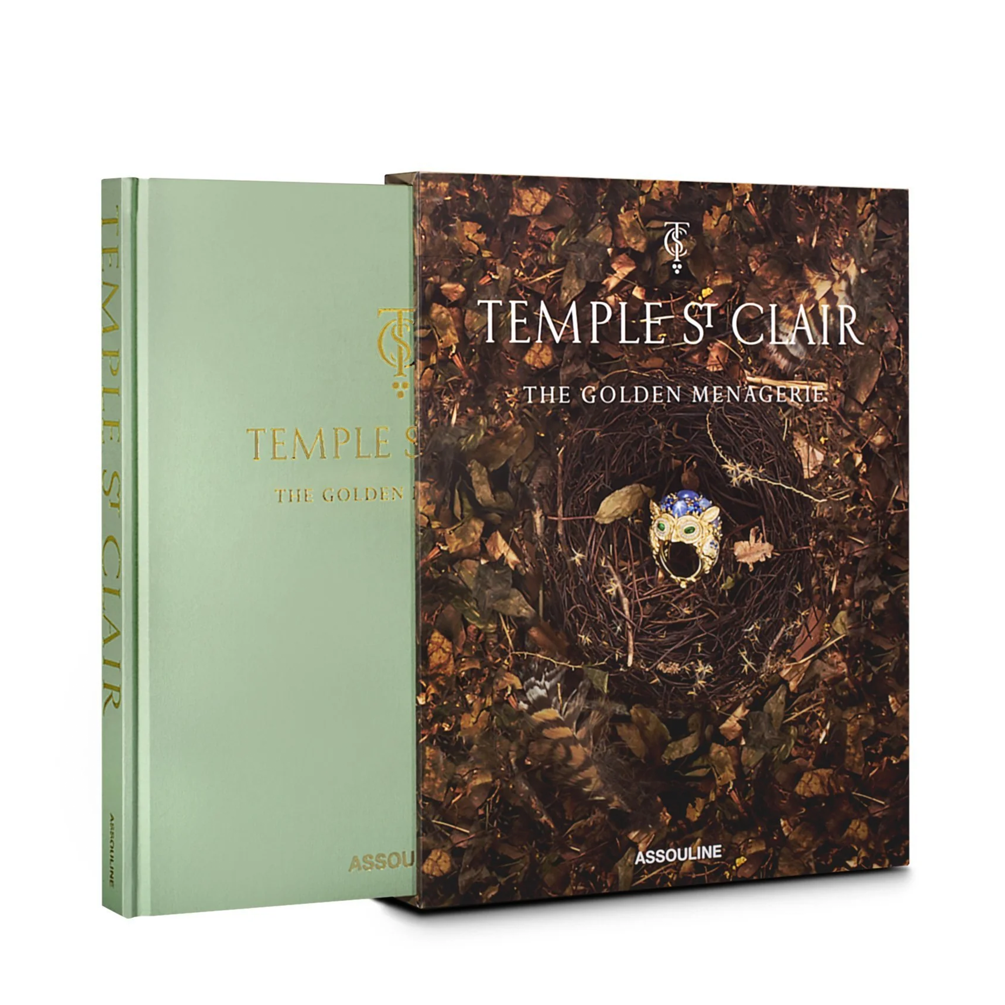 Temple St. Clair creates distinctive jewelry with rare gems and gold, delving into universal themes and celebrating fine craftsmanship. Her Golden Menagerie collection, presented in a light green book with golden lettering on a brown-hued box, is beautifully illustrated with watercolor paintings and photography.