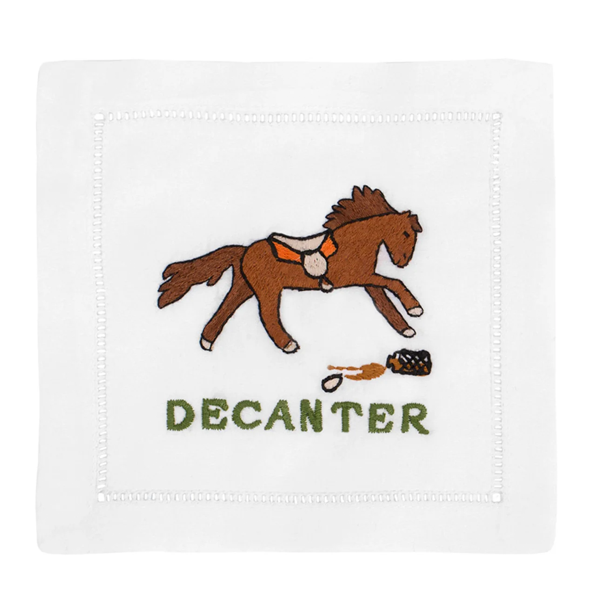 Set of four cheeky cocktail napkins in elegant linen with classic hemstitching, featuring playful designs including a horse and a decanter illustration. Perfect for adding a little humor to their beverage of choice.