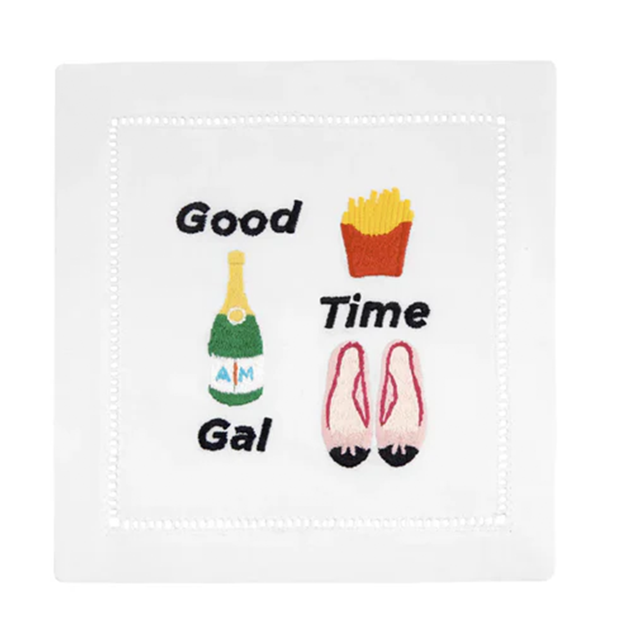 Set of four "Easy on the Ice" cocktail napkins in elegant linen with classic hemstitching, featuring playful designs of party shoes, French fries, and champagne.