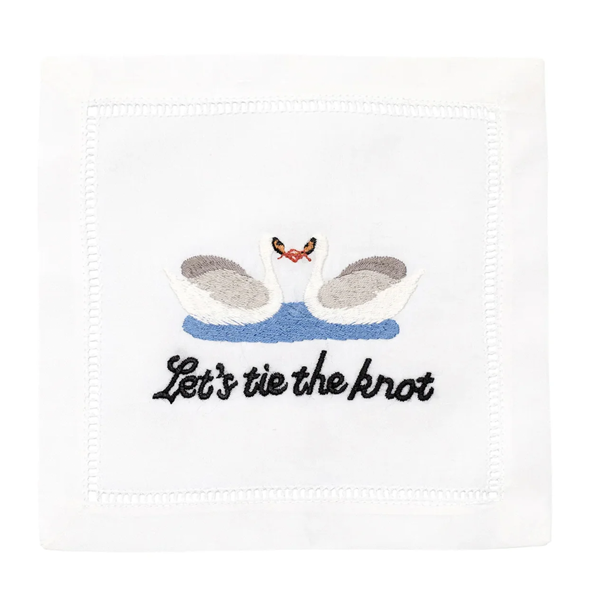 Cocktail napkin in elegant linen with classic hemstitching, featuring a chic and humorous design of two swans tying the knot.