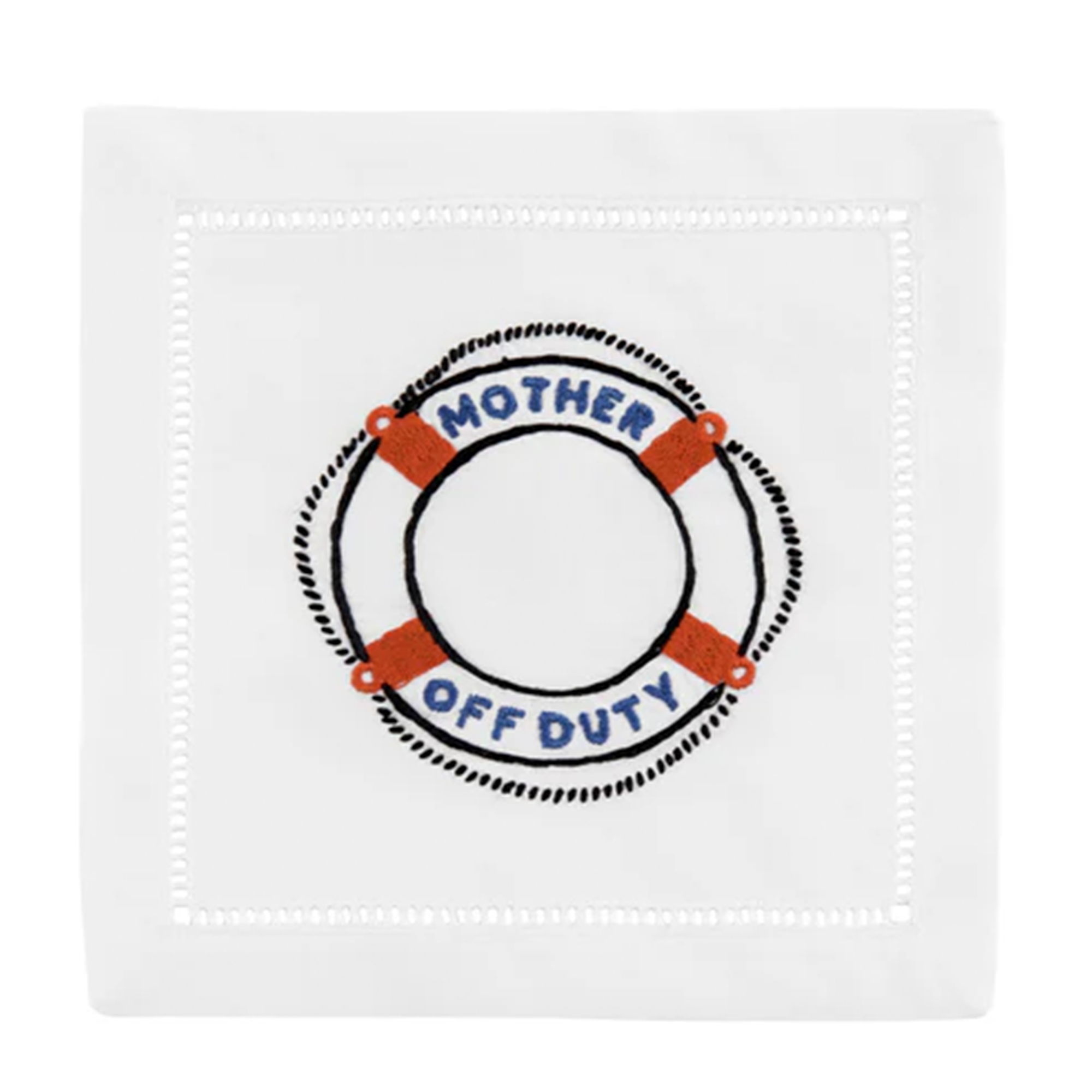 An illustration of a lifesaver float with the text 'Mother Off Duty' written on it. This humorous design on the cocktail napkin evokes the carefree spirit of a relaxing day by the water.