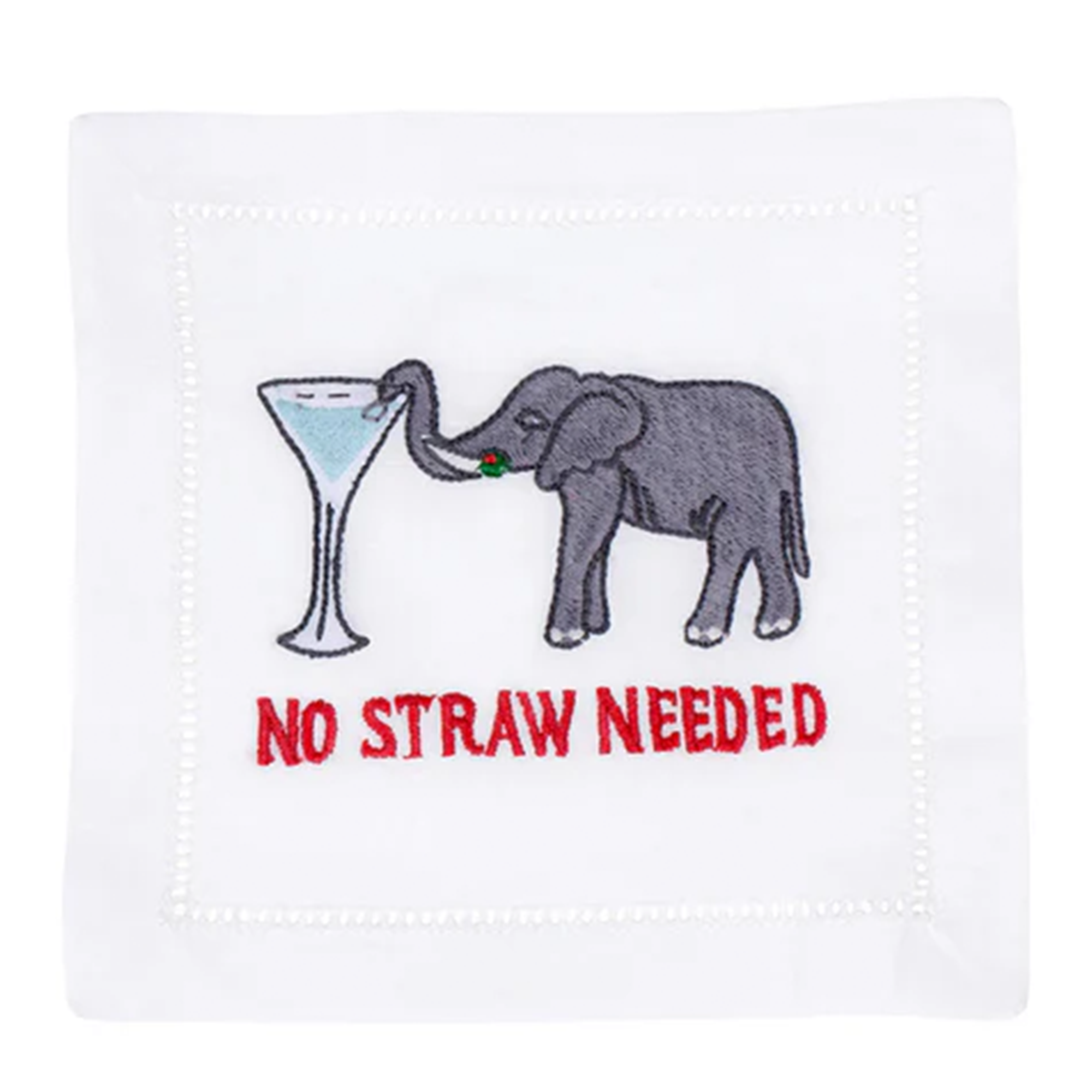 An illustration of a cheerful elephant using its trunk to drink from a cocktail glass, accompanied by the text 'No Straw Needed.' The playful scene captures the humorous theme of these cocktail napkins.