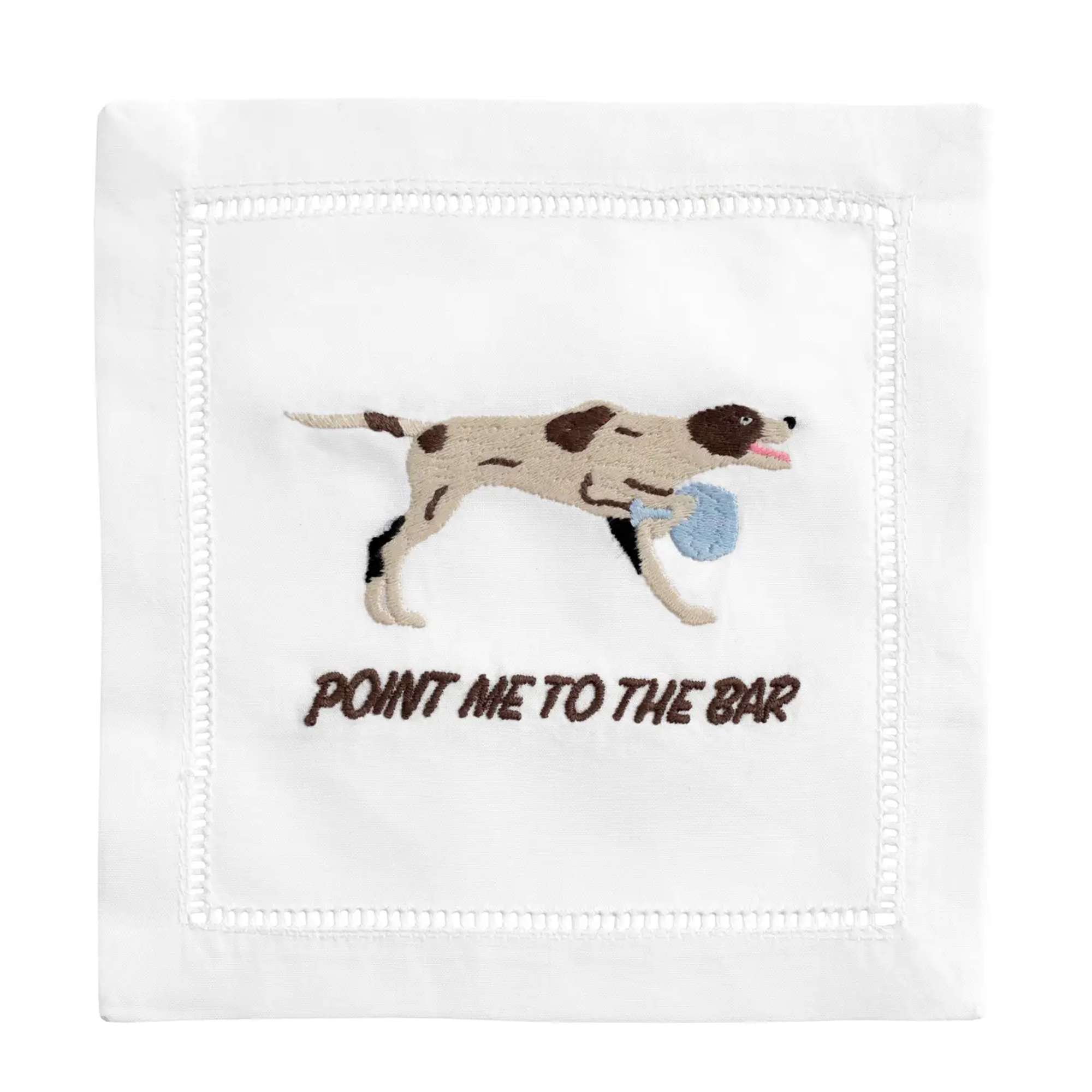A humorous design featuring a dog holding a paddle, humorously suggesting that it's time to head to the bar and enjoy some drinks at your party.