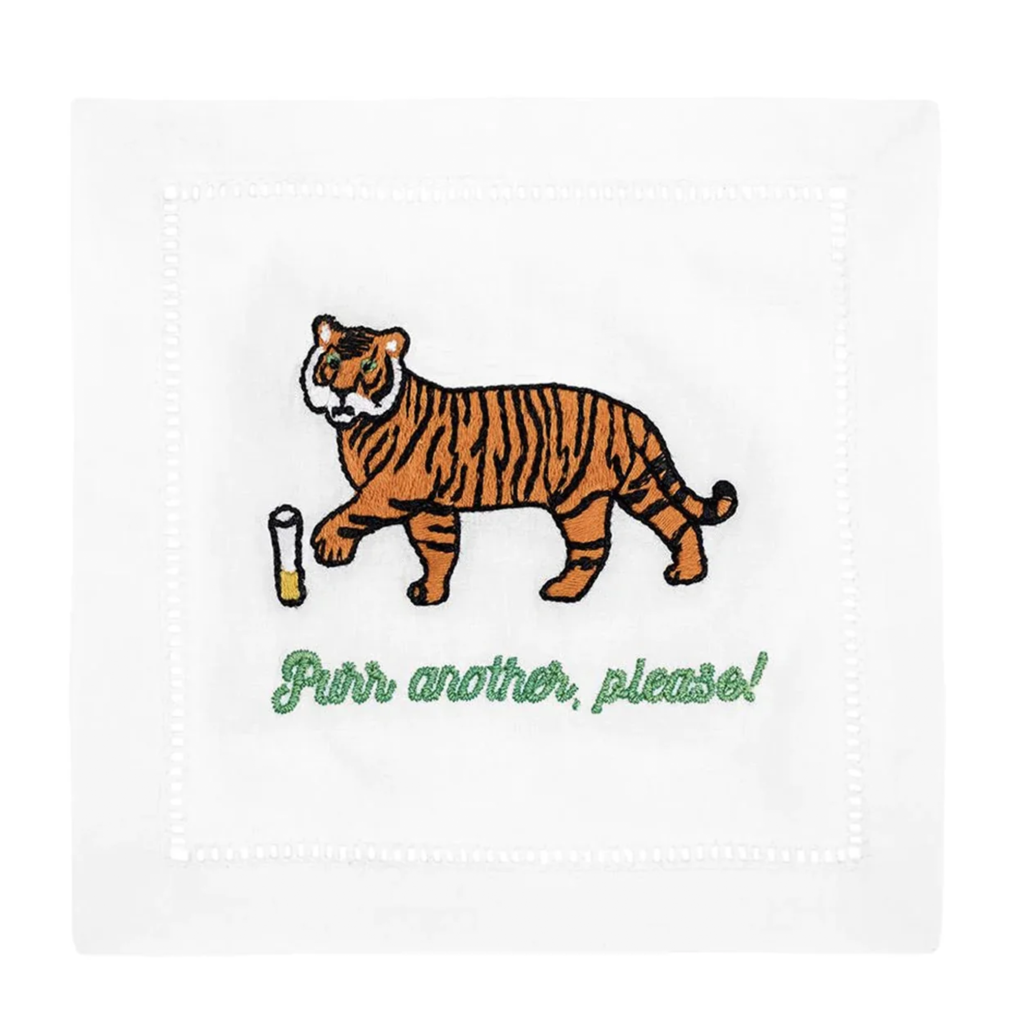 A playful illustration of a tiger asking for another drink. This whimsical design adds a fun and humorous touch to any gathering.