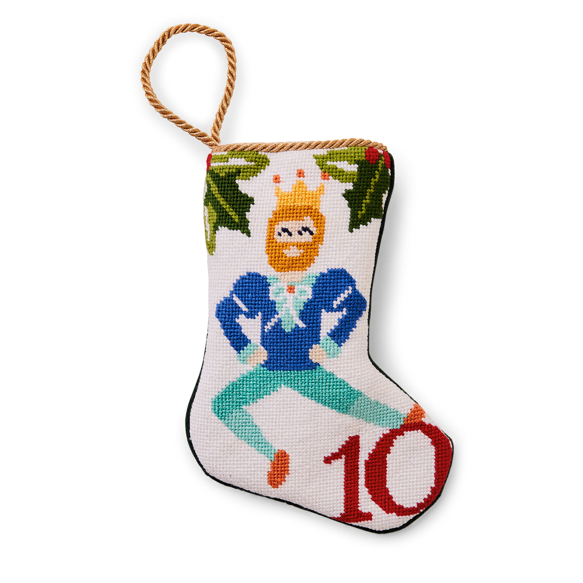An intricately designed mini needlepoint stocking featuring the '10 Lords a Leaping' from the classic Christmas carol. This festive decoration adds a traditional and charming touch to your holiday decor. Perfect as tree ornaments, place settings, or for holding special gifts.