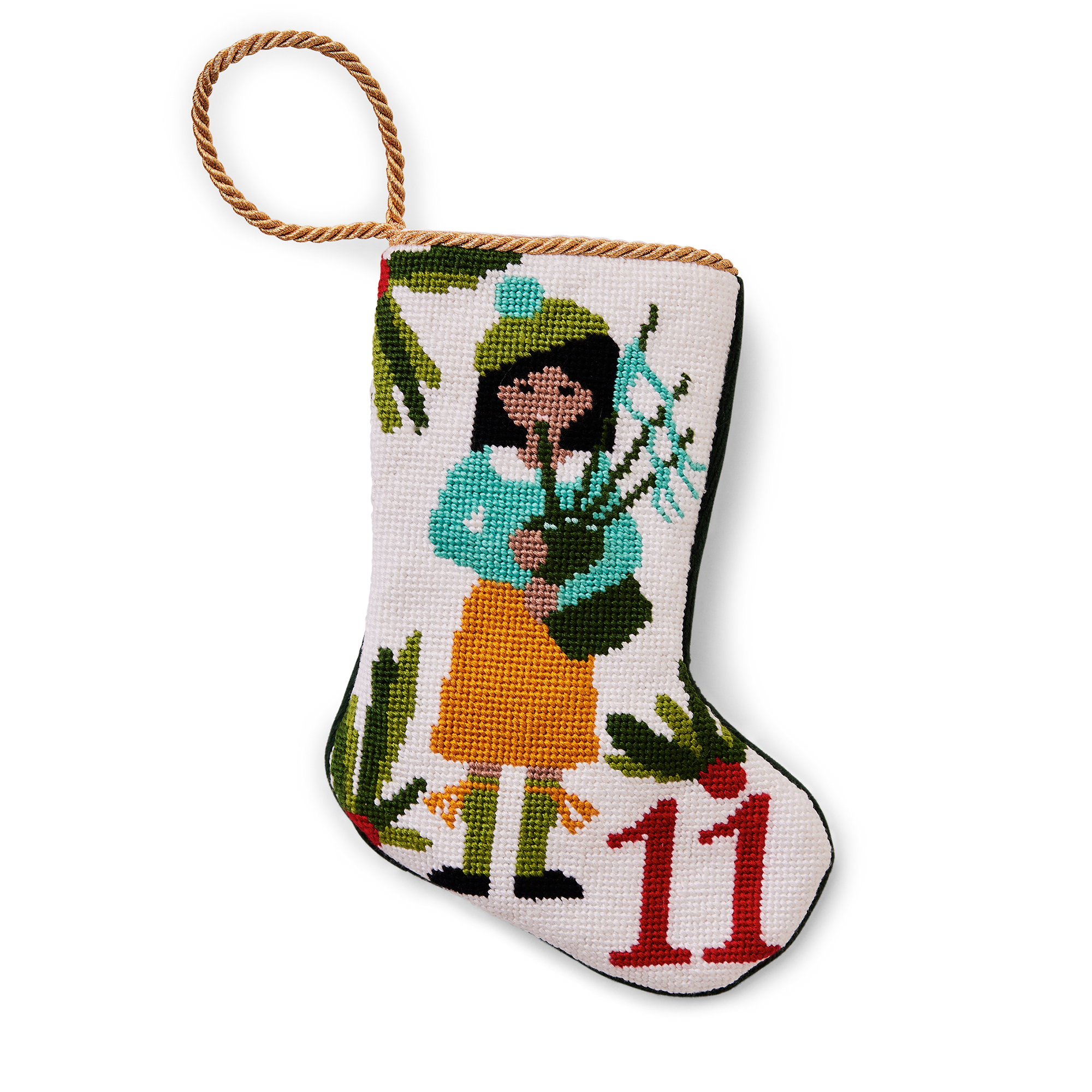 An intricately designed mini needlepoint stocking featuring the '11 Pipers Piping' from the classic Christmas carol. This festive decoration adds a traditional and charming touch to your holiday decor. Perfect as tree ornaments, place settings, or for holding special gifts.
