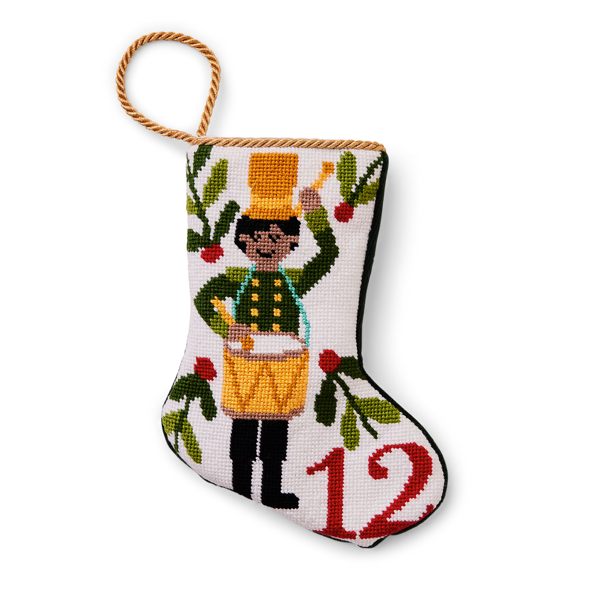 An intricately designed mini needlepoint stocking featuring the '12 Drummers Drumming' from the classic Christmas carol. This festive decoration adds a traditional and charming touch to your holiday decor. Perfect as tree ornaments, place settings, or for holding special gifts.