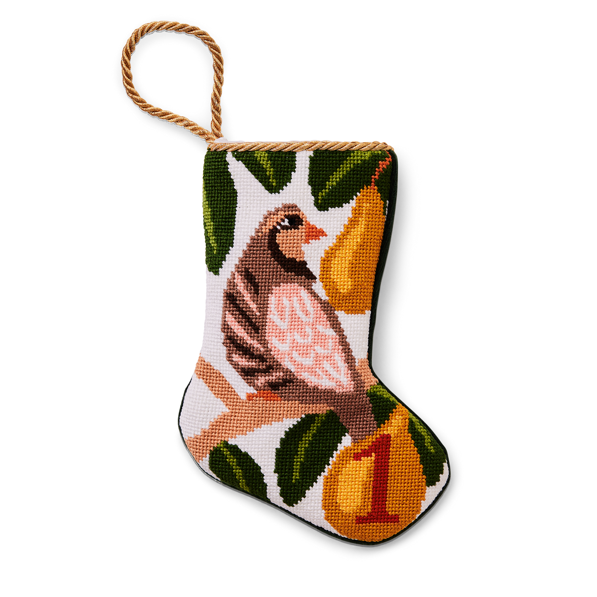 A charming Christmas stocking showcasing a needlepoint design of a partridge perched in a pear tree, inspired by the "12 Days of Christmas" song. The vibrant illustration includes green leaves and golden pears. A gold loop is perfect for hanging by the fireplace.