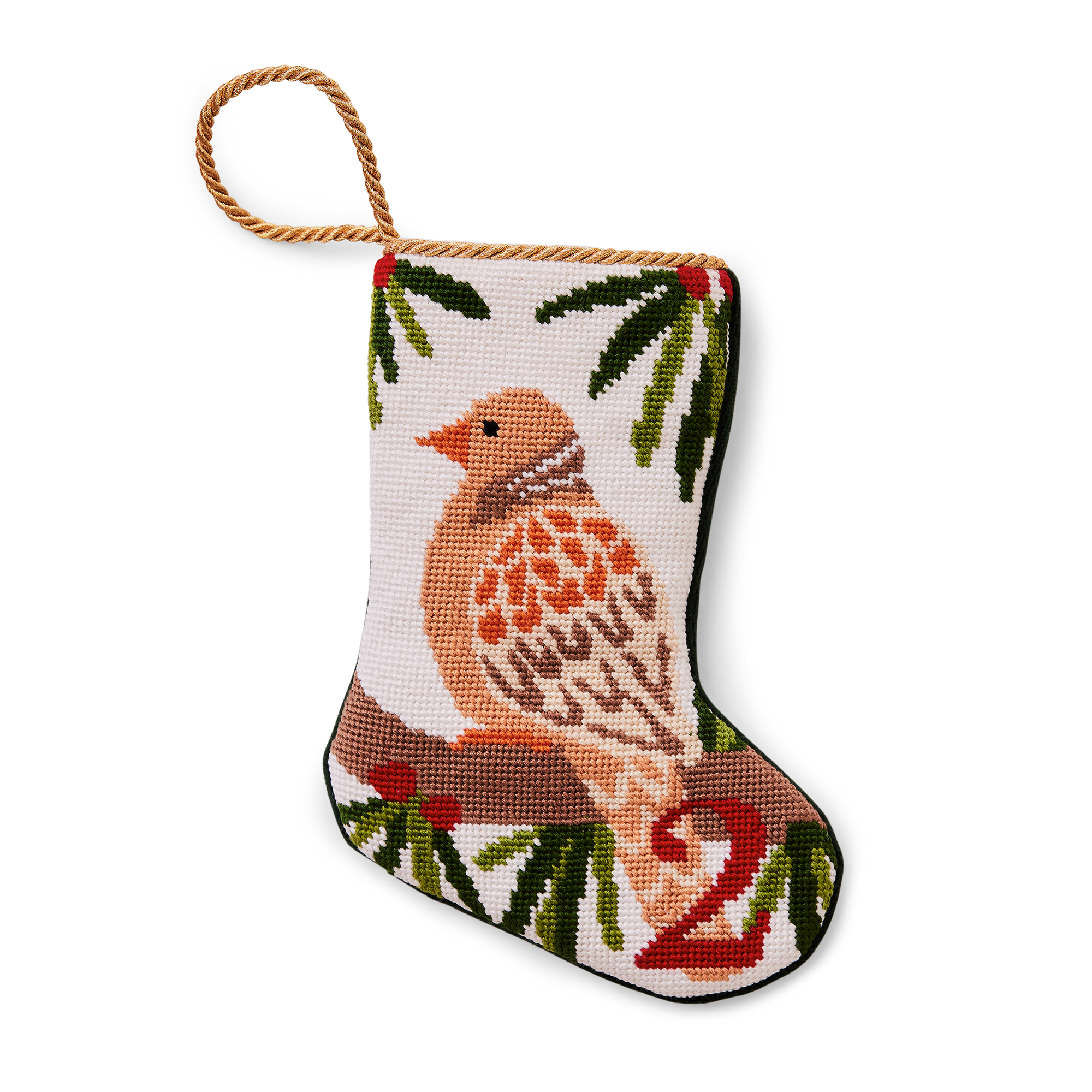 An intricately designed mini needlepoint stocking featuring the '2 Turtle Doves' from the classic Christmas carol. This festive decoration adds a traditional and charming touch to your holiday decor. Perfect as tree ornaments, place settings, or for holding special gifts.