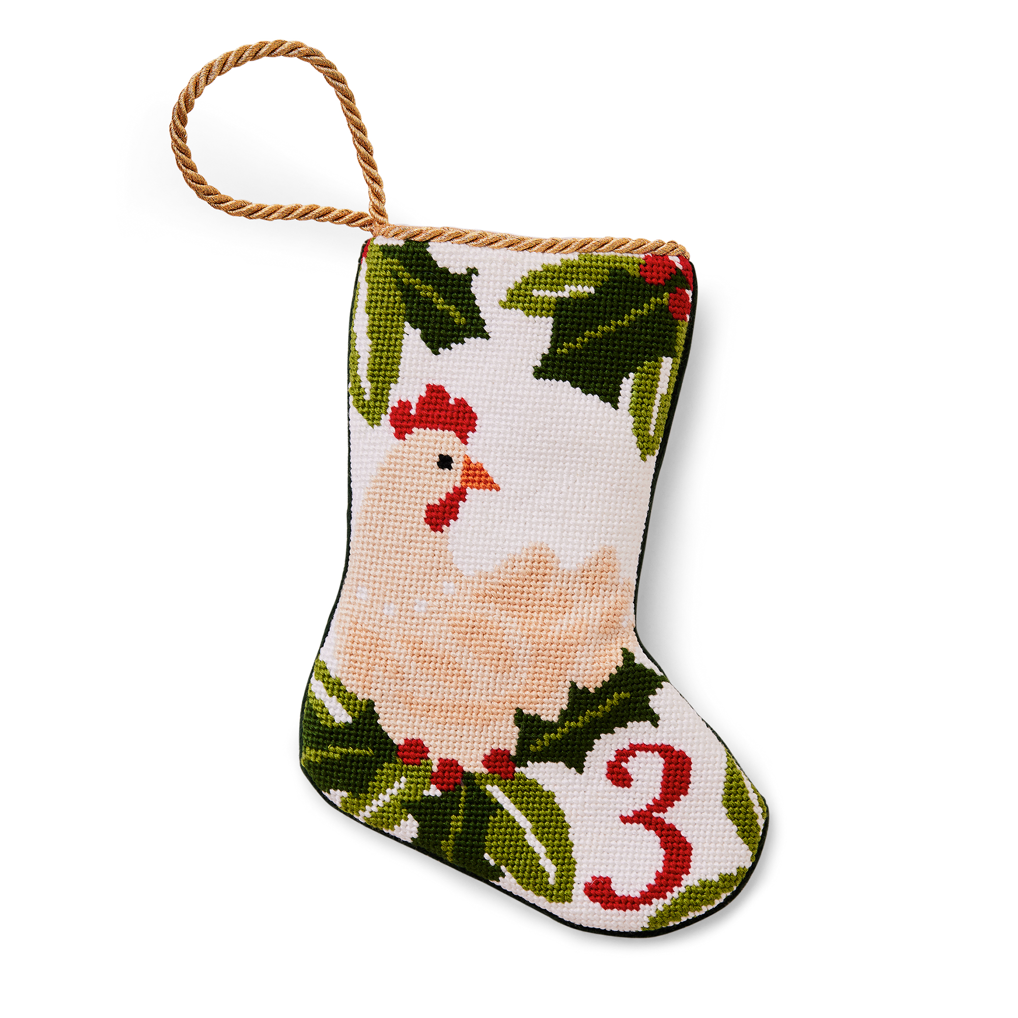 An intricately designed mini needlepoint stocking featuring the '3 French Hens' from the classic Christmas carol. This festive decoration adds a traditional and charming touch to your holiday decor. Perfect as tree ornaments, place settings, or for holding special gifts.