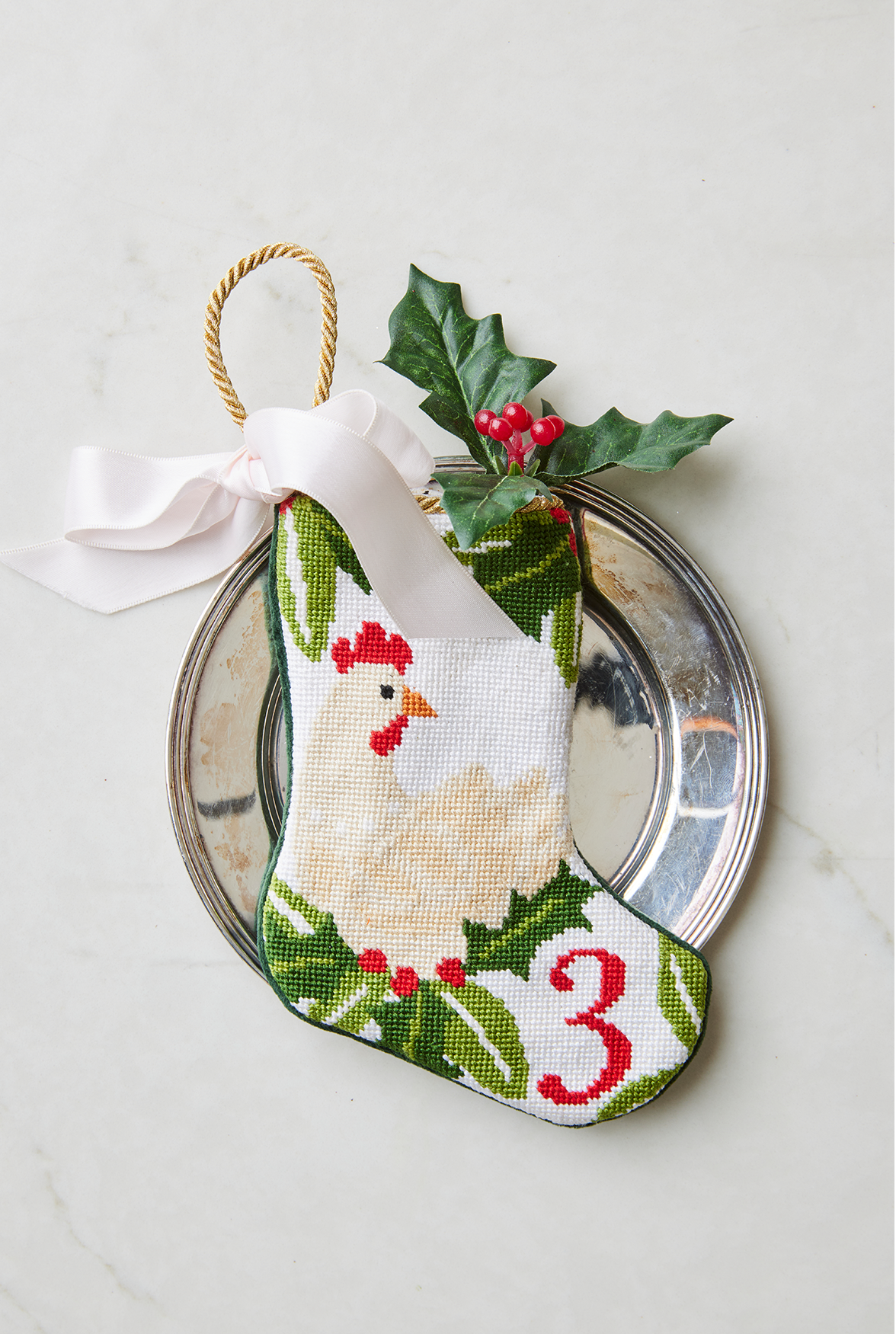 Mini Needlepoint Stocking - 3 French Hens