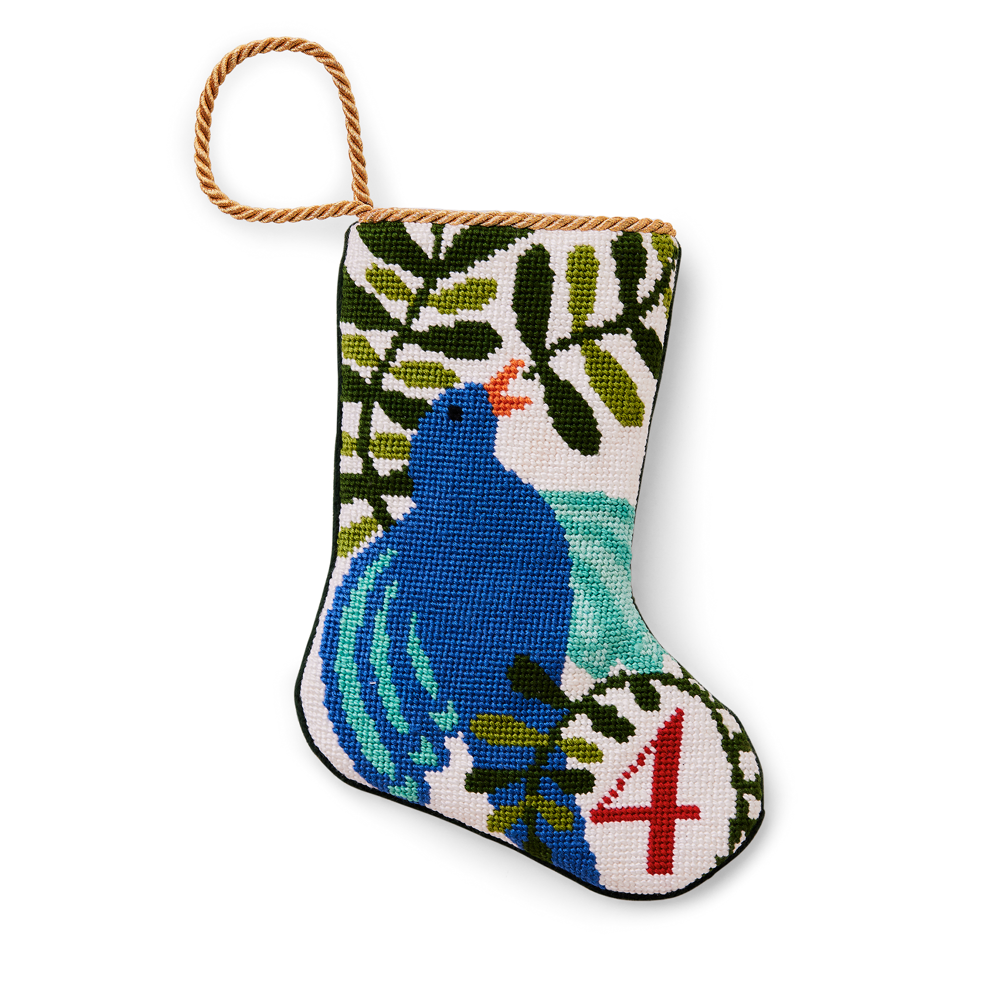 An intricately designed mini needlepoint stocking featuring the '4 Calling Birds' from the classic Christmas carol. This festive decoration adds a traditional and charming touch to your holiday decor. Perfect as tree ornaments, place settings, or for holding special gifts.