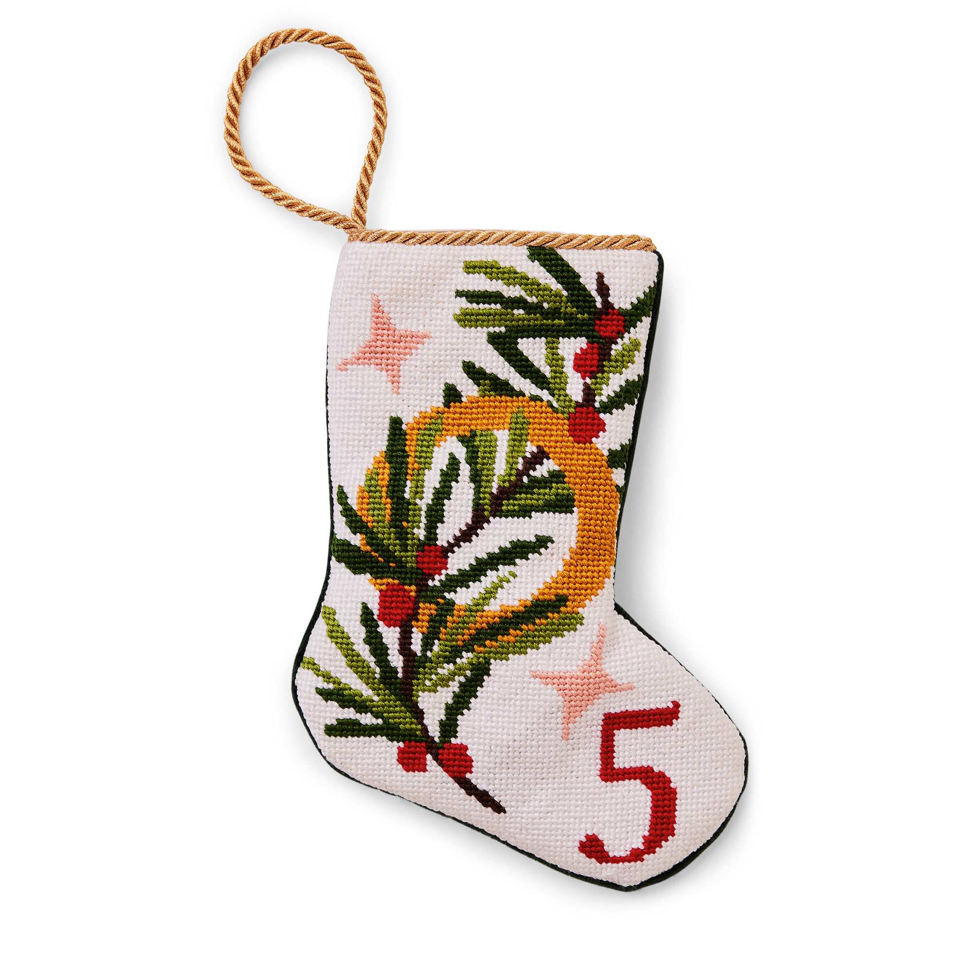 An intricately designed mini needlepoint stocking featuring the '5 Golden Rings' from the classic Christmas carol. This festive decoration adds a traditional and charming touch to your holiday decor. Perfect as tree ornaments, place settings, or for holding special gifts.