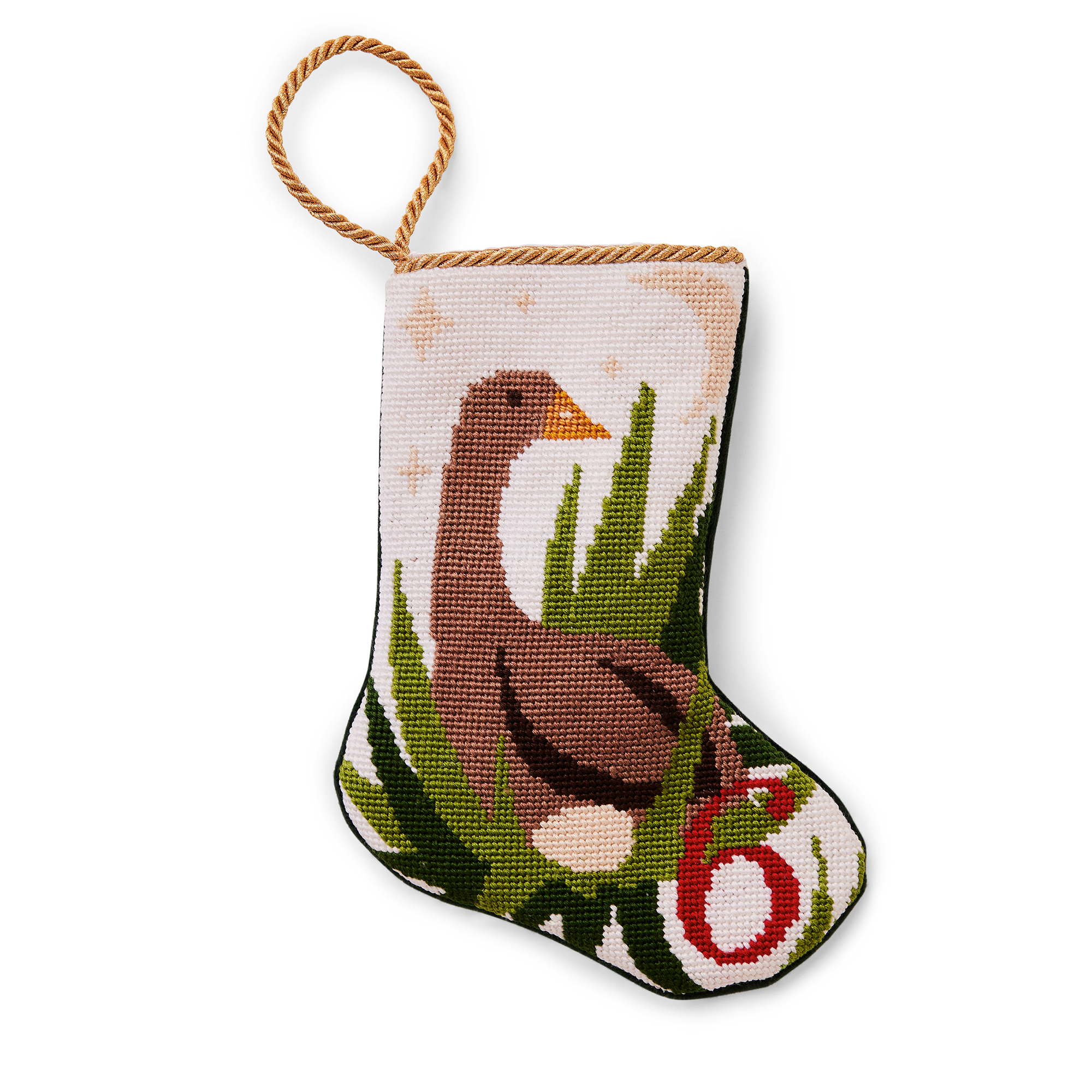 An intricately designed mini needlepoint stocking featuring the '6 Geese a Laying' from the classic Christmas carol. This festive decoration adds a traditional and charming touch to your holiday decor. Perfect as tree ornaments, place settings, or for holding special gifts.