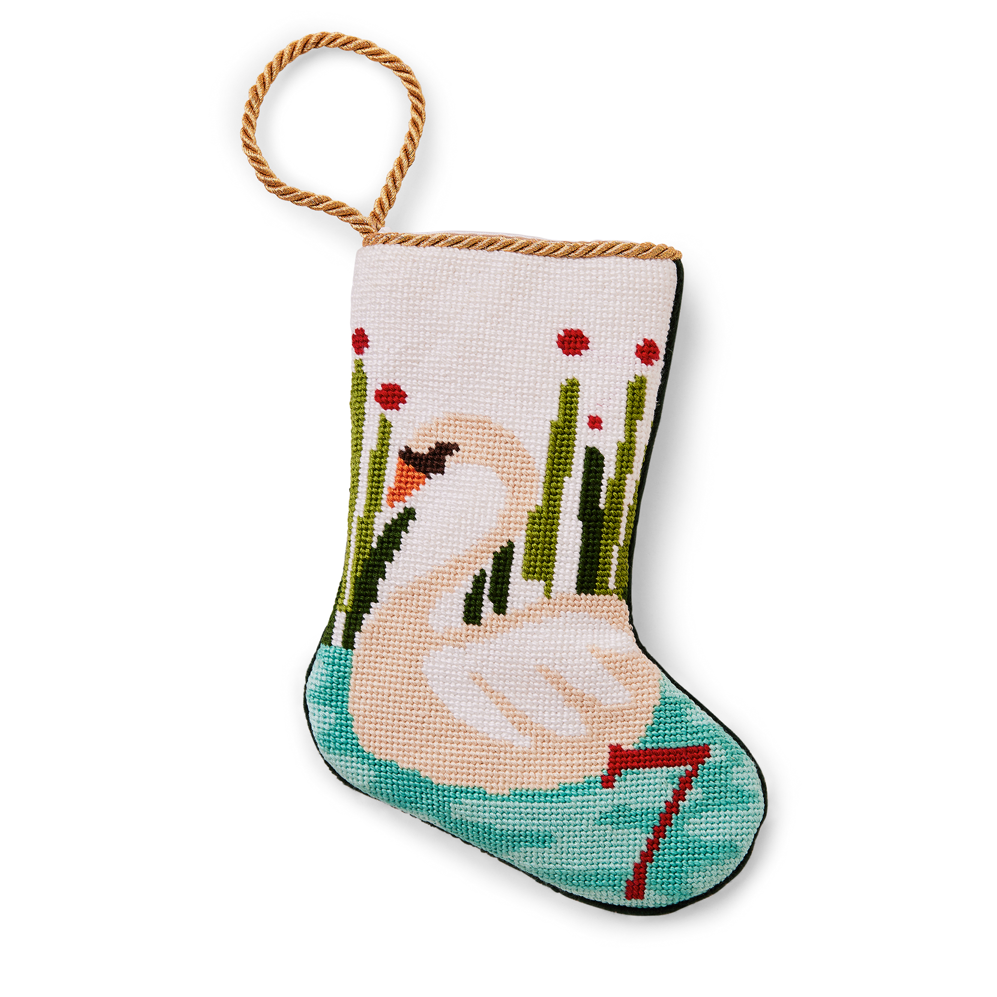 An intricately designed mini needlepoint stocking featuring the '7 Swans a Swimming' from the classic Christmas carol. This festive decoration adds a traditional and charming touch to your holiday decor. Perfect as tree ornaments, place settings, or for holding special gifts.