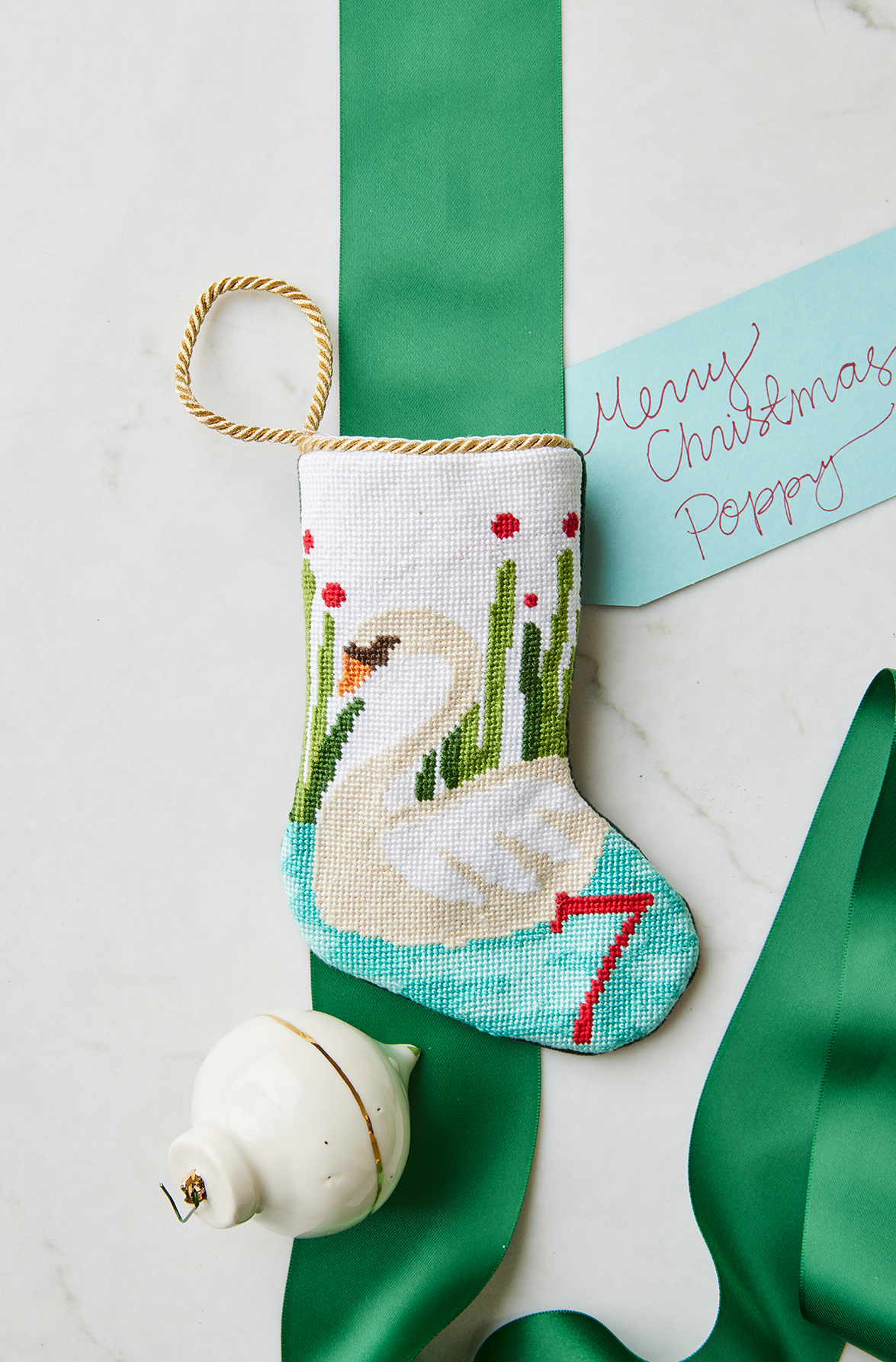 Mini Needlepoint Stocking - 7 Swans a Swimming