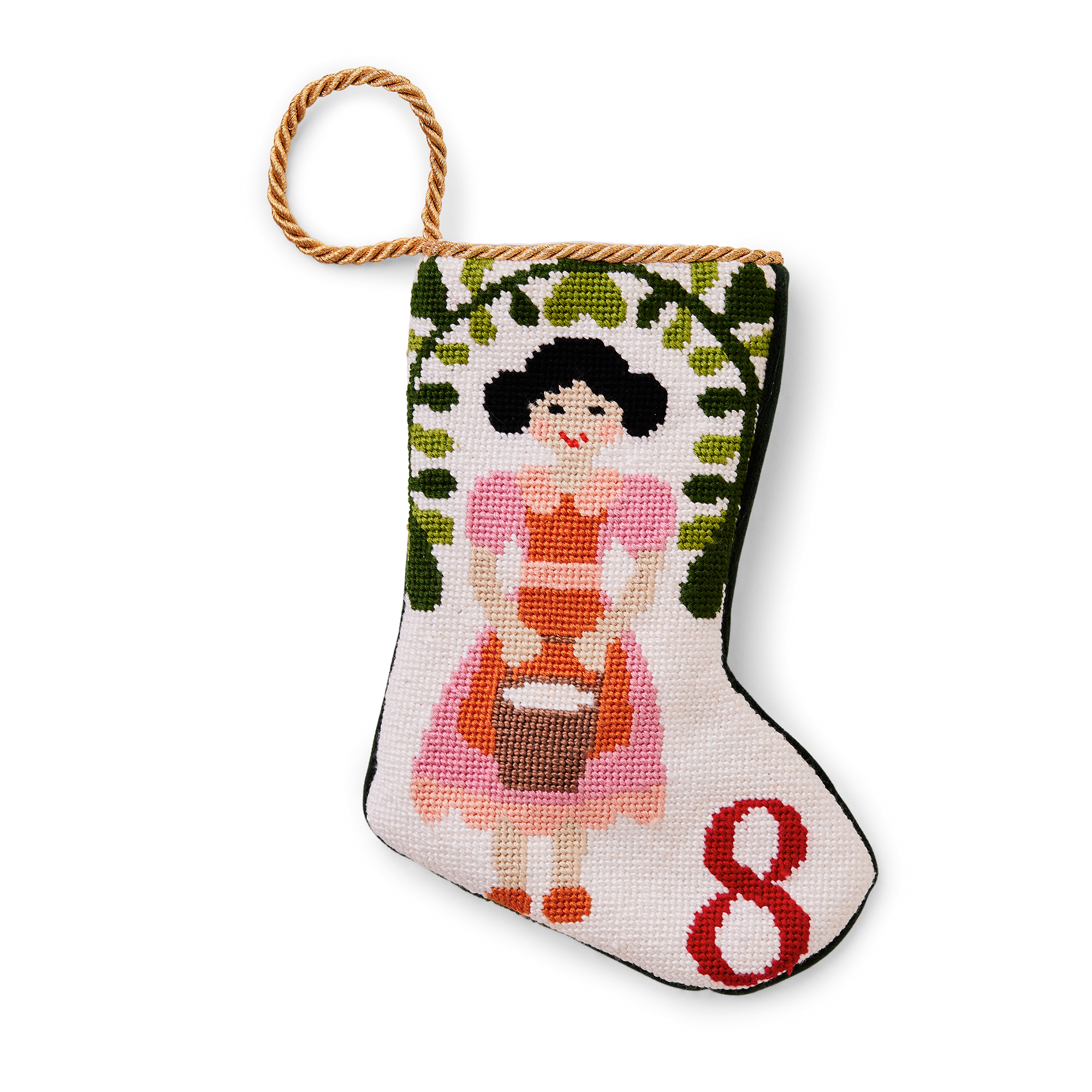 An intricately designed mini needlepoint stocking featuring the '8 Maids a Milking' from the classic Christmas carol. This festive decoration adds a traditional and charming touch to your holiday decor. Perfect as tree ornaments, place settings, or for holding special gifts.
