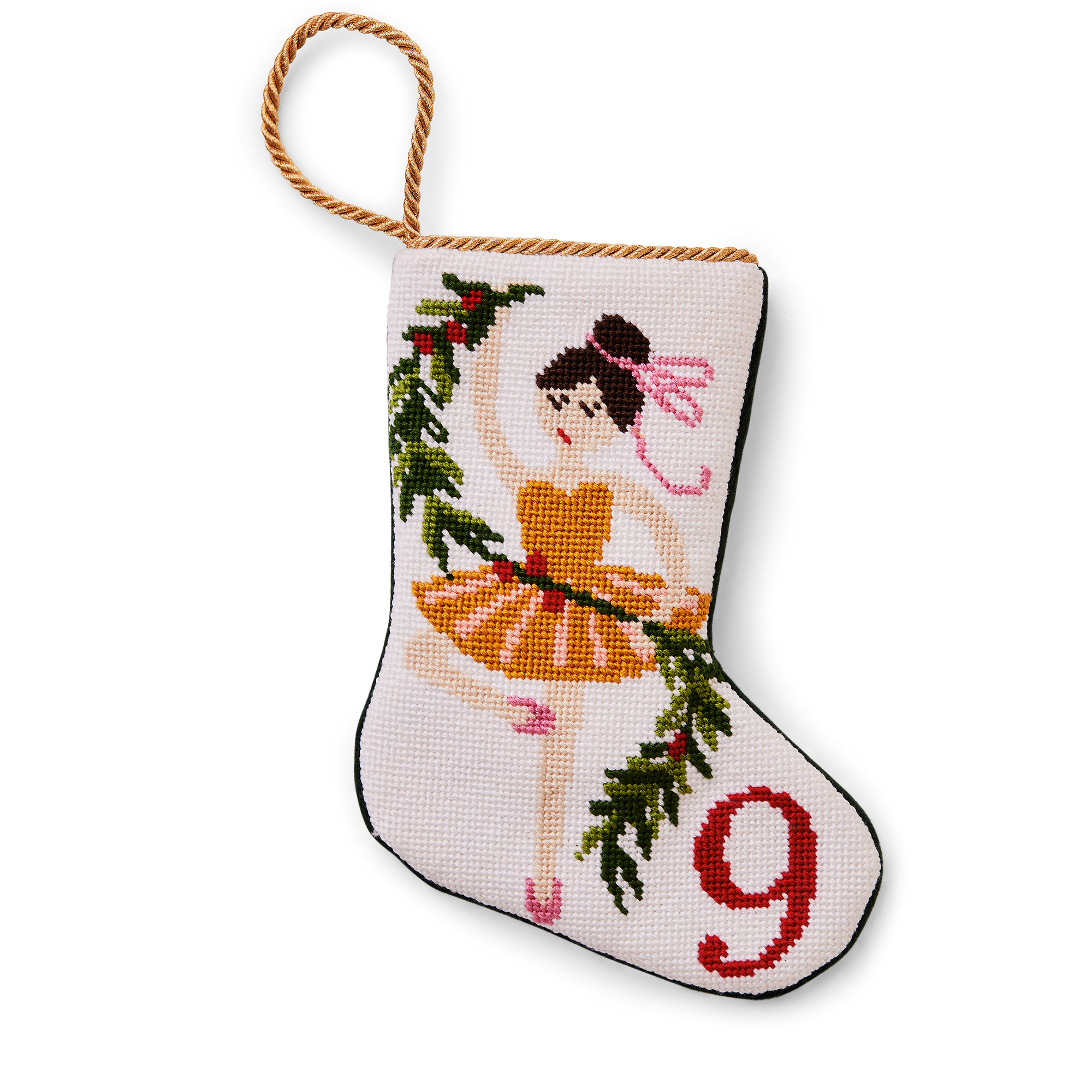An intricately designed mini needlepoint stocking featuring the '9 Ladies Dancing' from the classic Christmas carol. This festive decoration adds a traditional and charming touch to your holiday decor. Perfect as tree ornaments, place settings, or for holding special gifts.
