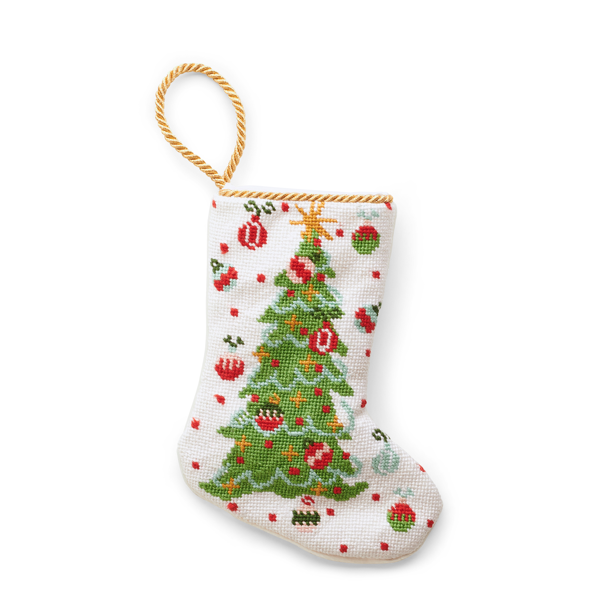 A charming Christmas stocking, featuring an illustrated Christmas tree and tree ornaments flying around on the white background. A gold loop at the top, is making it perfect as tree ornament, place setting, or for hanging by the fireplace.