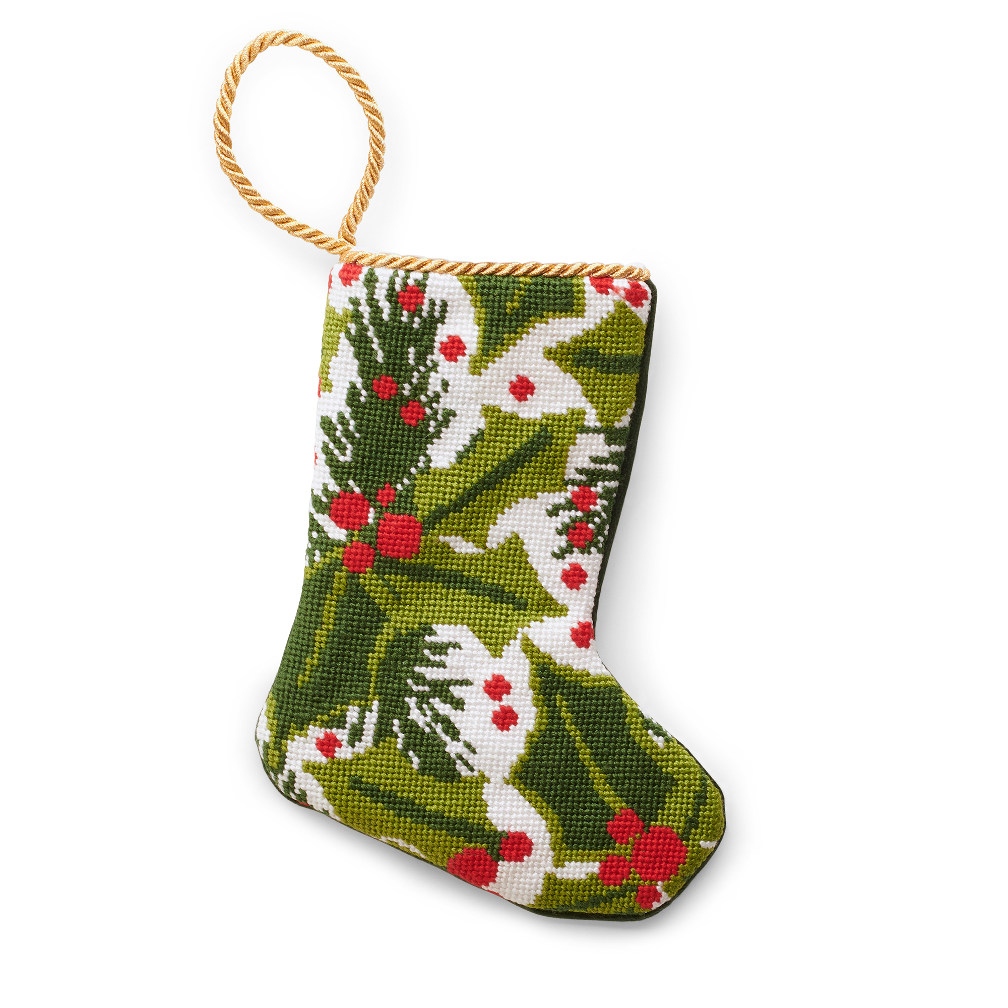 A festive Christmas stocking featuring a detailed needlepoint design of holly leaves and red berries. The stocking is primarily green with white accents and a touch of red, creating a classic holiday look. It has a gold loop for easy hanging, making it a perfect addition to your holiday décor.