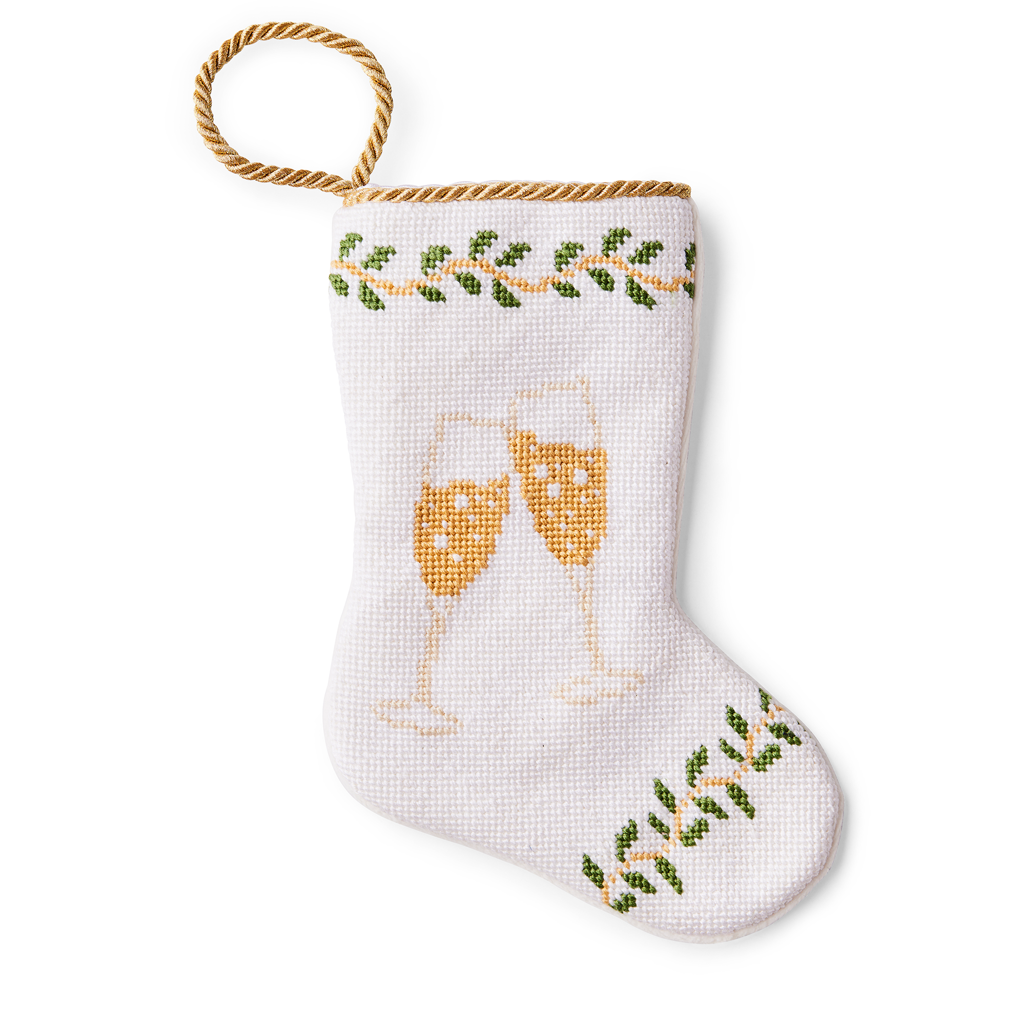 A charming Christmas stocking, featuring an illustrated clinking champagne glasses. The festive scene features sparkling bubbles, capturing the celebratory spirit of the season. Perfect as tree ornaments, place settings, or hanging by the fireplace.