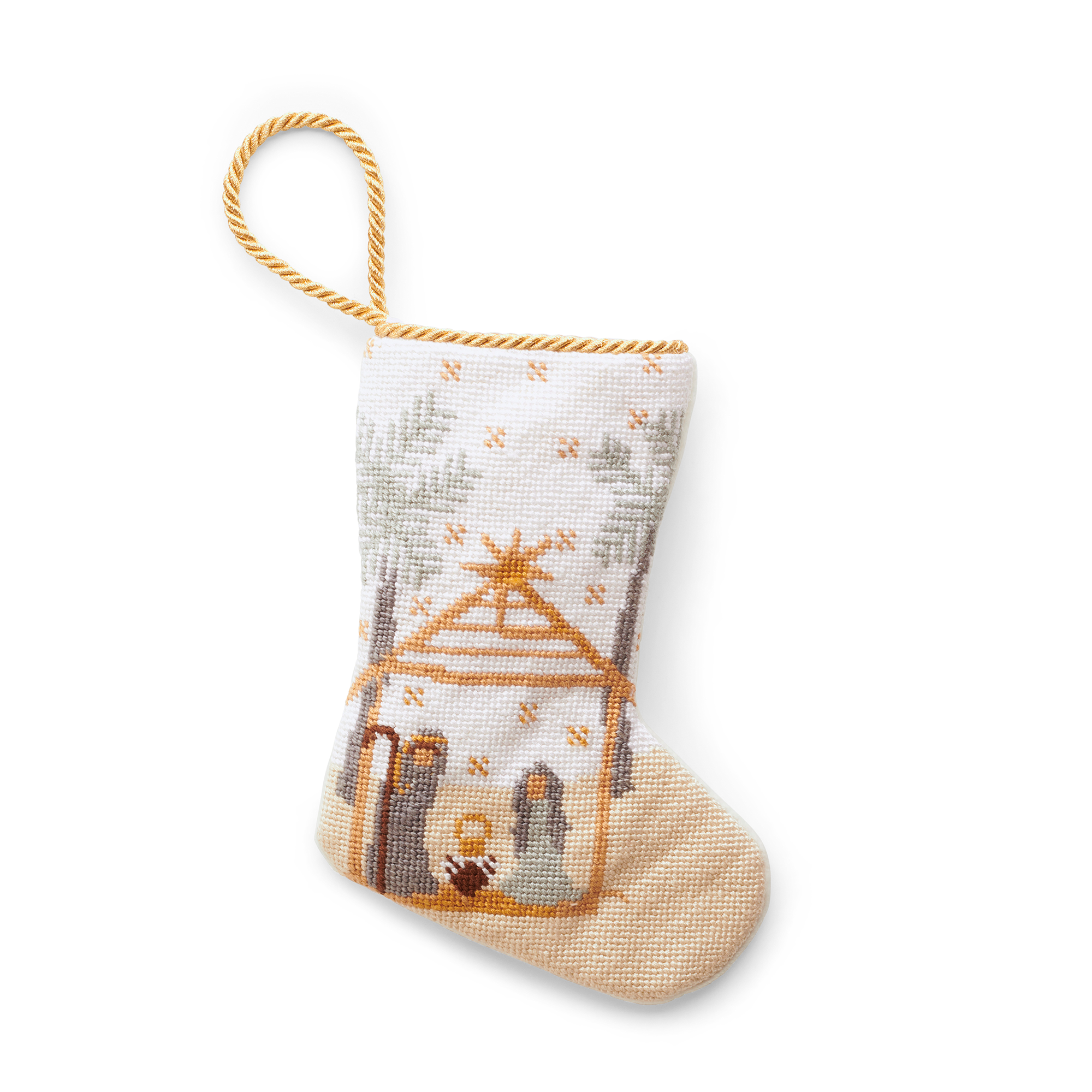 A small, intricately designed needlepoint stocking featuring a nativity scene with the Holy Family, set against a bright sky. A gold loop at the top makes it perfect as a tree ornament, place setting, or for hanging by the fireplace.