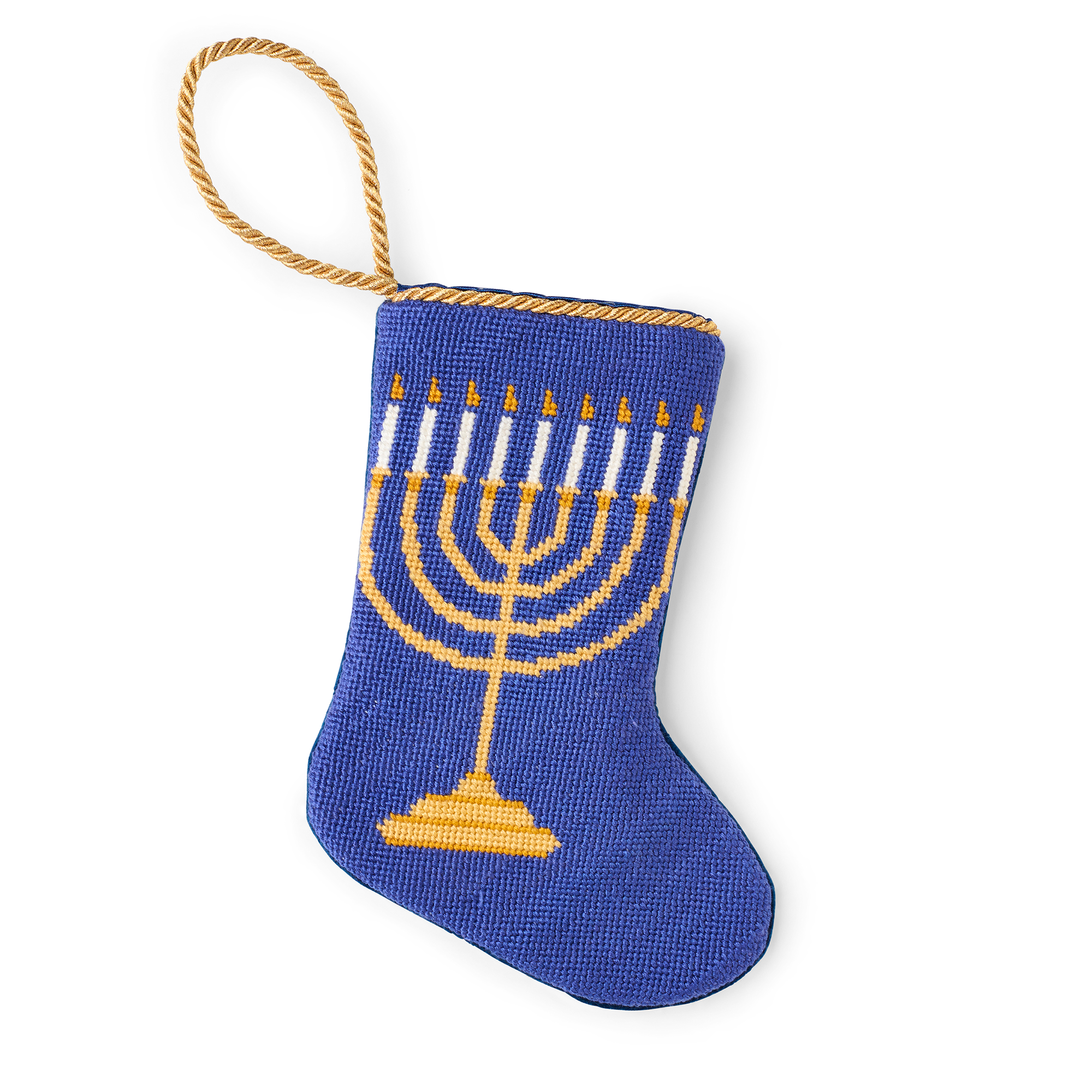 A small, intricately designed needlepoint stocking featuring a festive menorah with lit candles. A gold loop at the top makes it perfect as a tree ornament, place setting, or for hanging by the fireplace.
